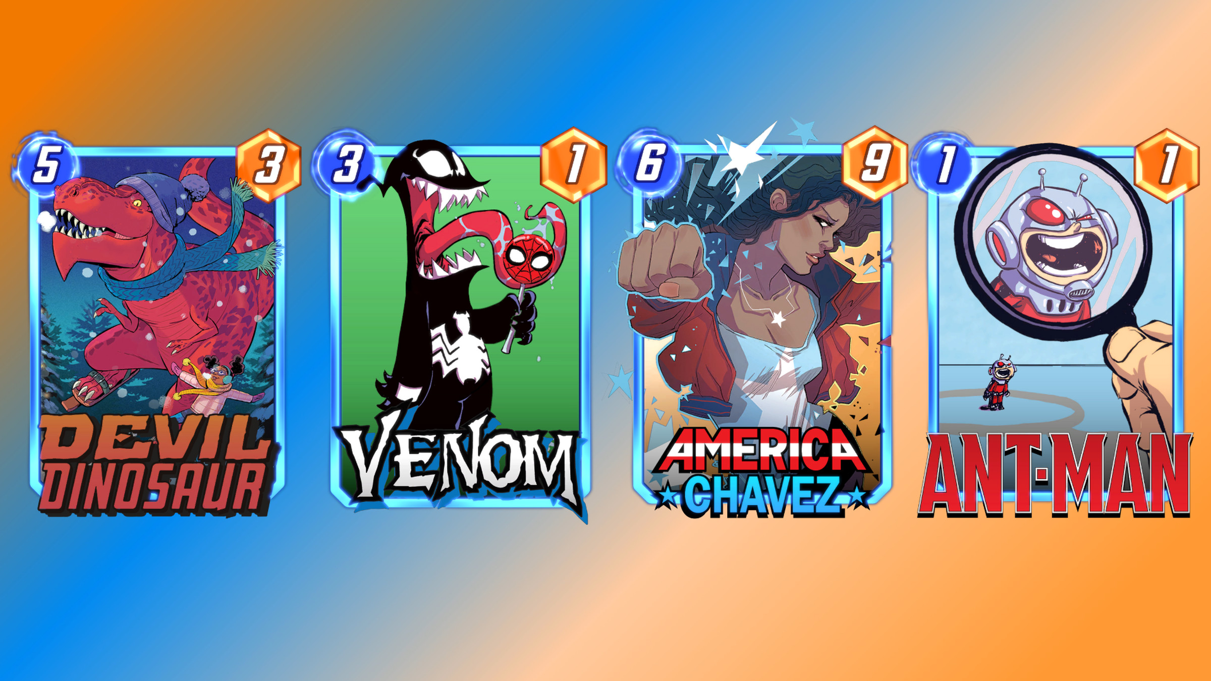 Graphic of cards from Marvel Snap featuring the Devil Dinosaur, Venom, America Chavez, and Ant Man variant cards