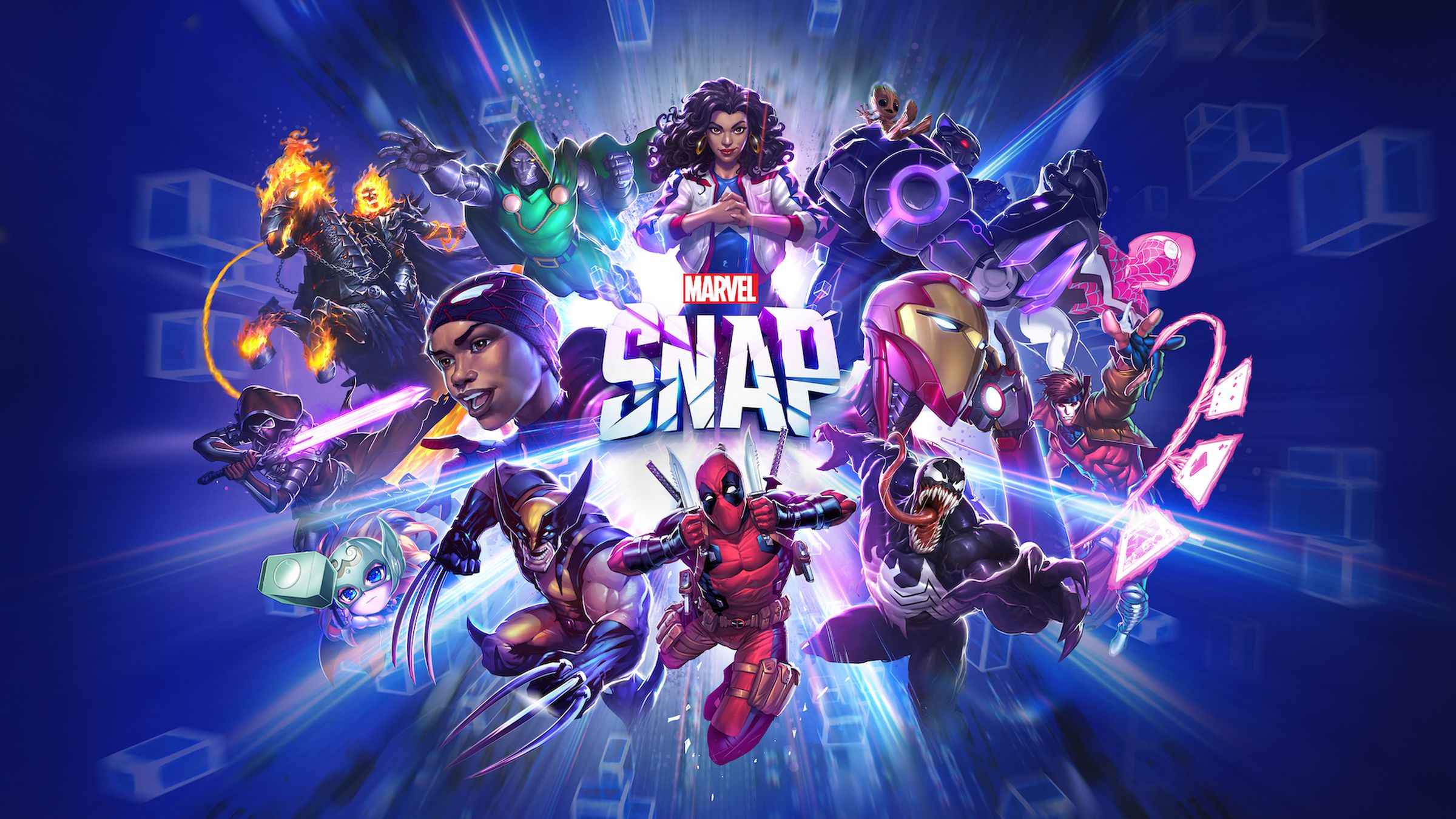 Grafica chiave di uno Snap Marvel con una selezione di eroi Marvel