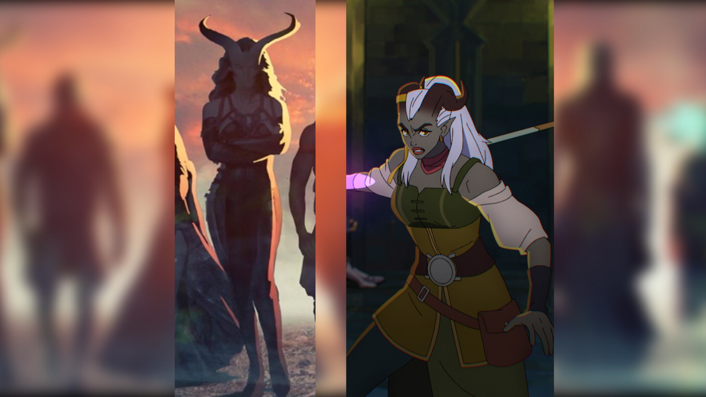 Sağdaki Dragon Age Dreadwolf konsept resmindeki bir qunari karakteri ile sağdaki Dragon Age: Absolution'daki bir qunari karakterini karşılaştıran bir grafik