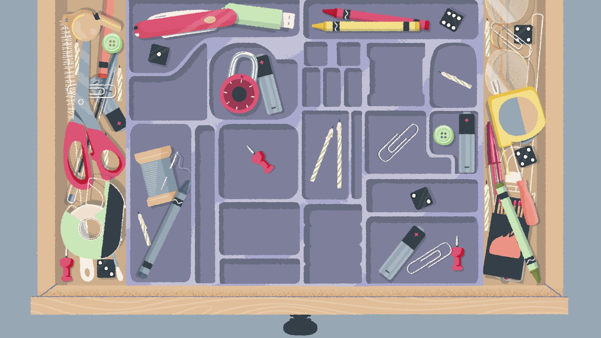 Captura de tela de A Little to the Left apresentando uma gaveta de lixo desorganizada com velas, fita métrica, clipes de papel, canetas e muito mais espalhados ao lado que o jogador deve pedir