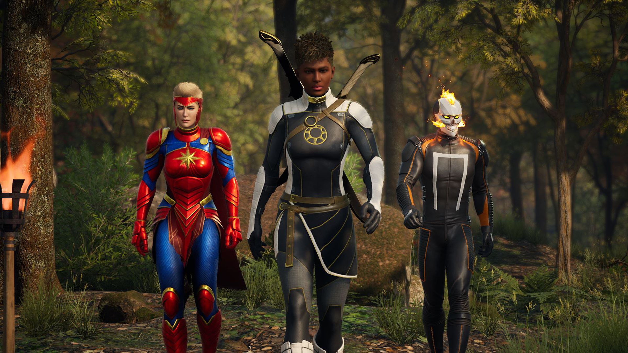Captura de tela de Midnight Suns apresentando da esquerda para a direita Capitão Marvel, Hunter e Ghost Rider
