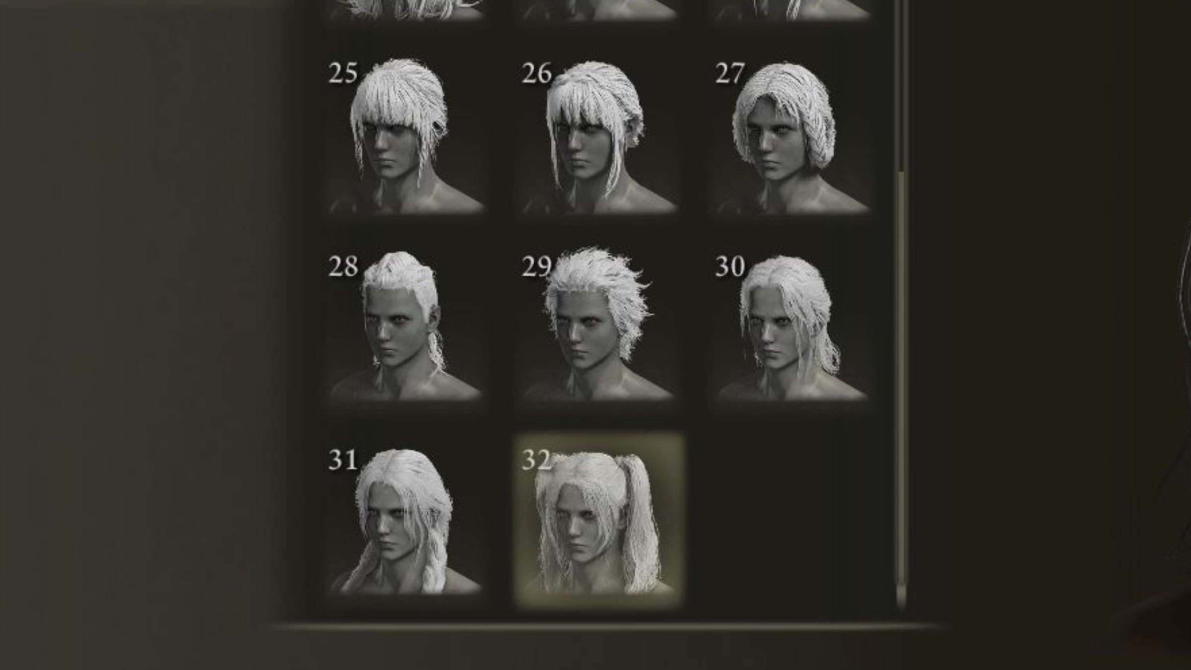 Screenshot of Elden Ring zooming in on the game's five new hairstyles