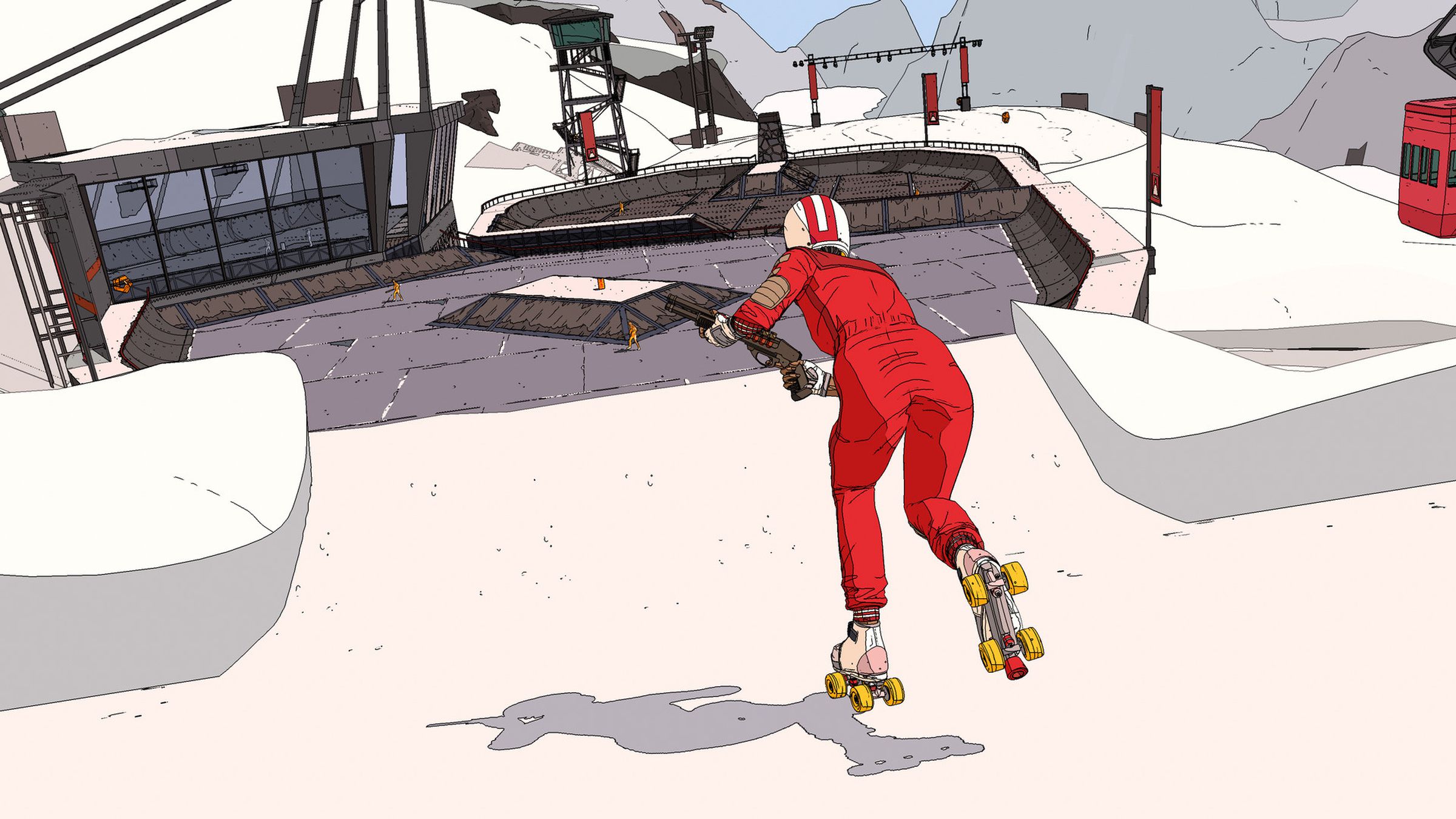 Un patinador con patines rojos lejos del espectador.