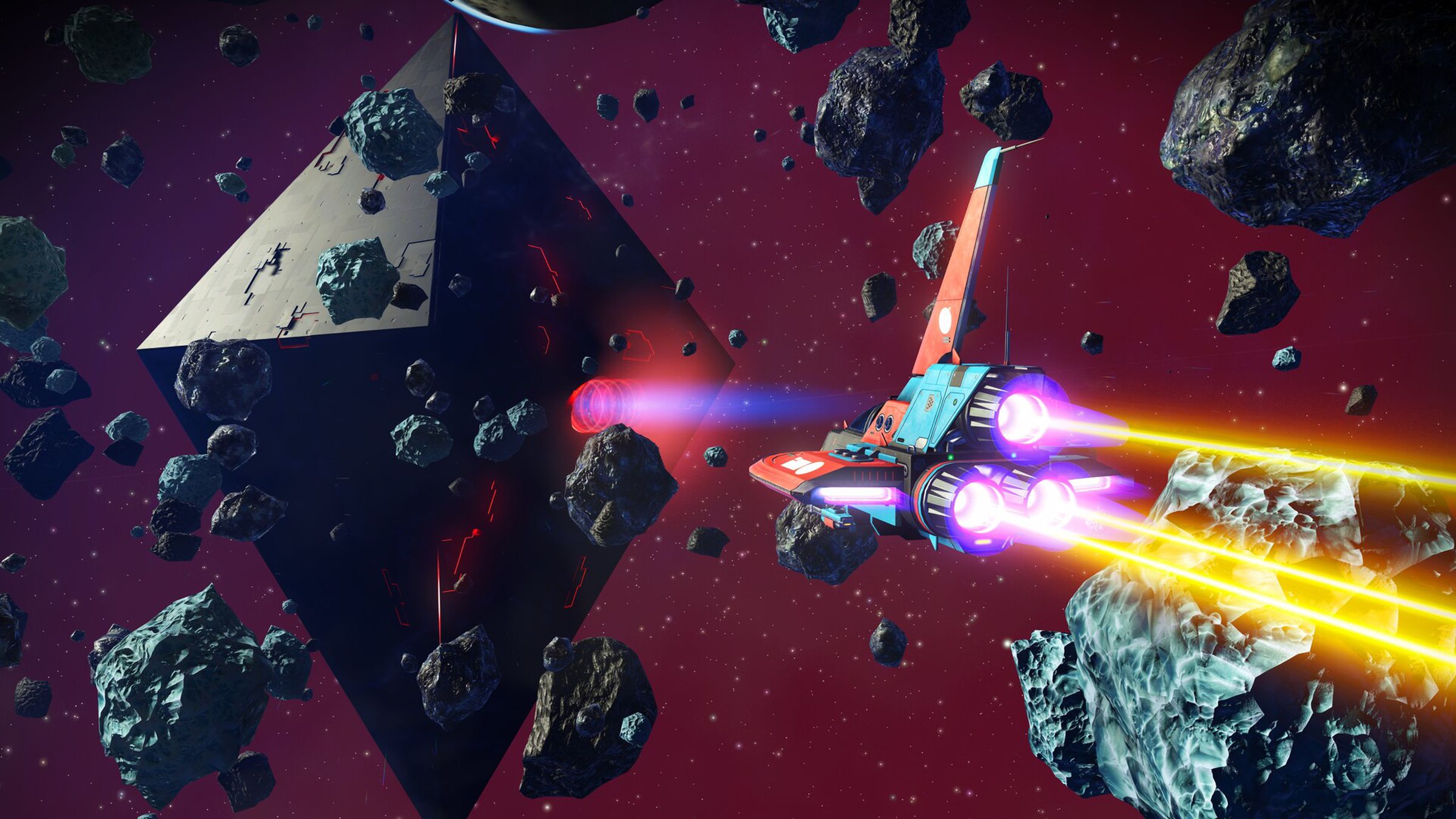 Una nave espacial lanzando una gran roca espacial contra un fondo violeta.
