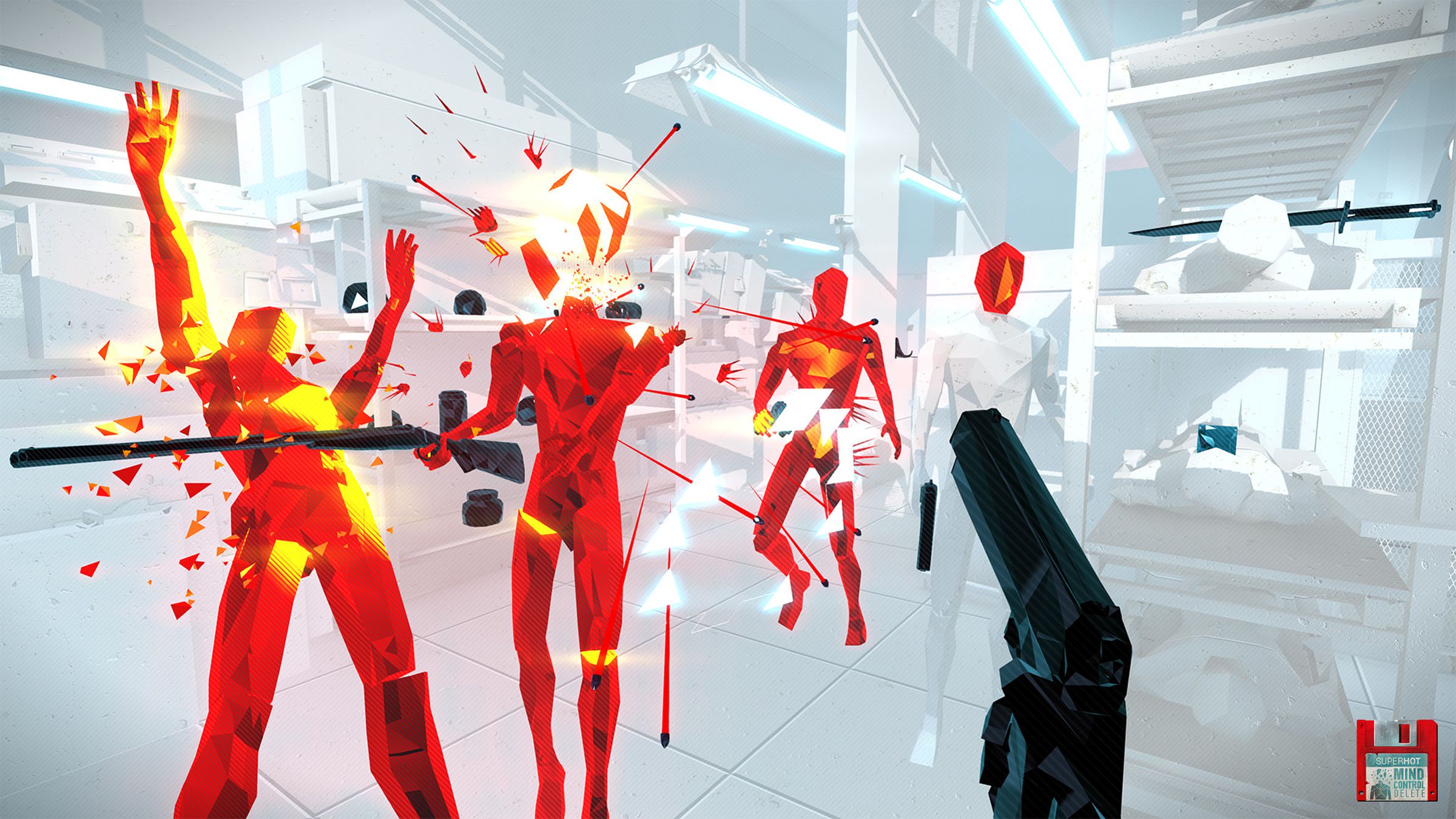 Red figures shooting and exploding on a white background.