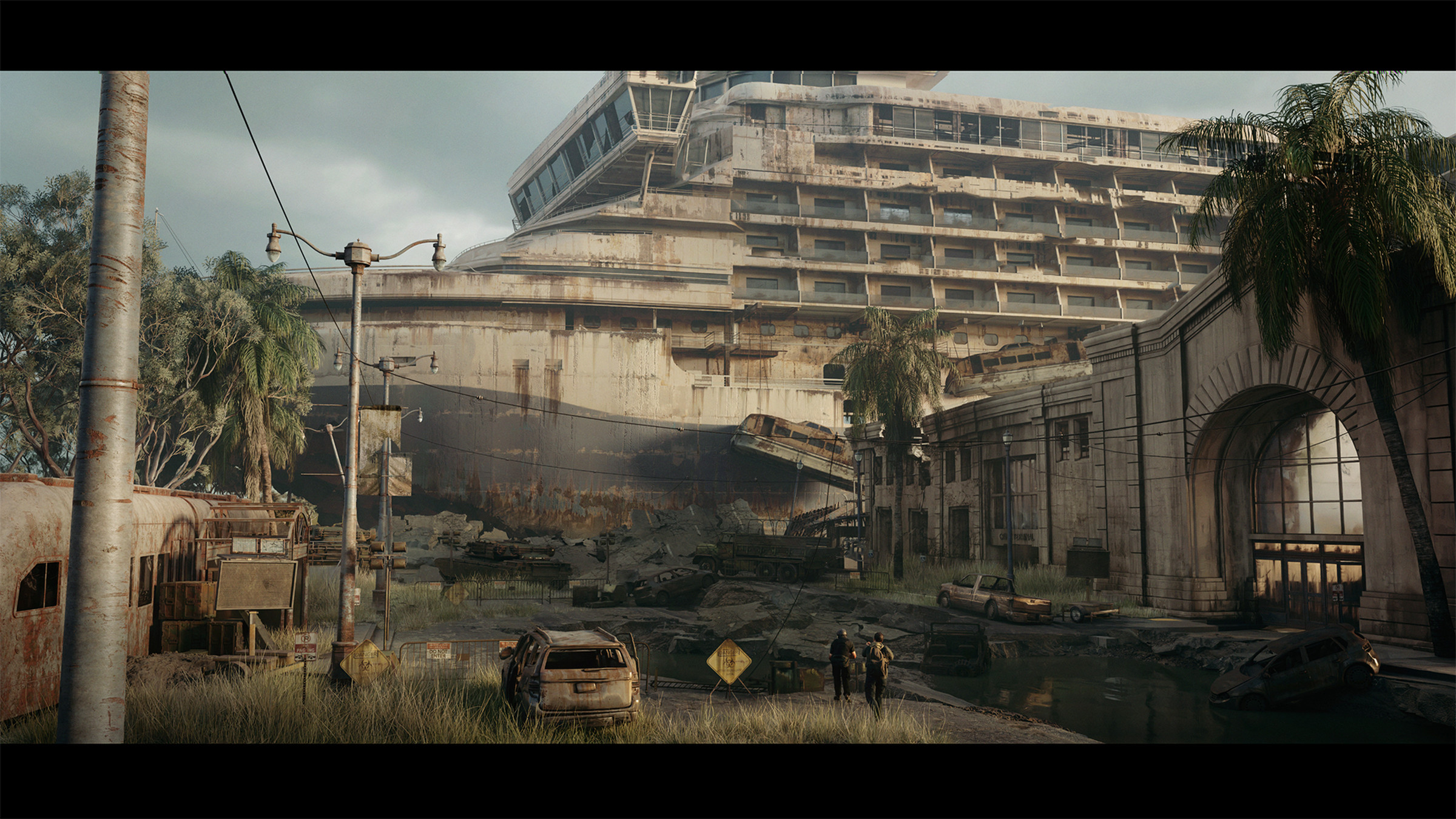 Screenshot from The Last Of Us multiplayer game featuring a crashed and decrepit cruise ship 