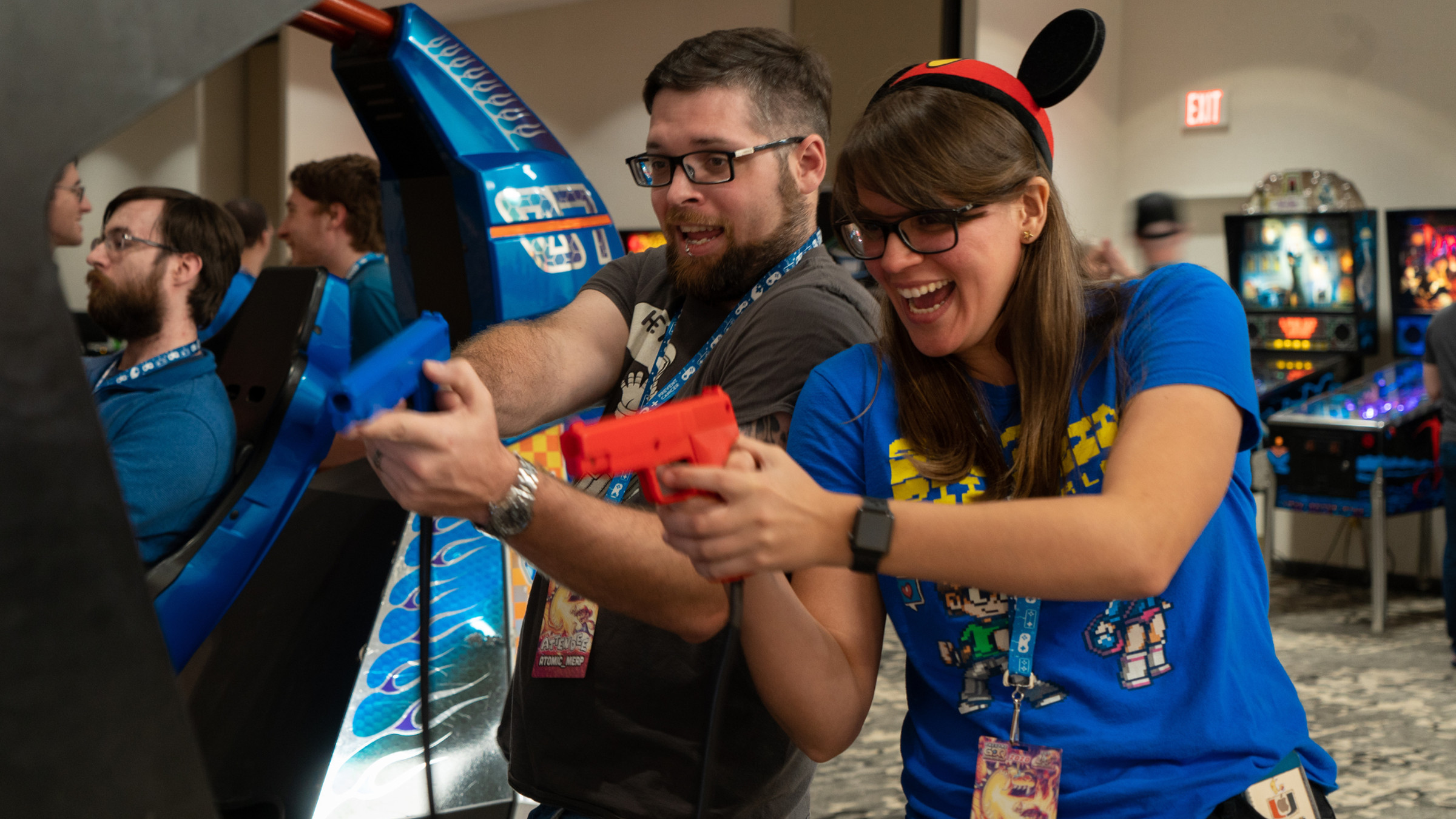 Two GDQ attendees playing a light gun arcade game at GDQ 2020