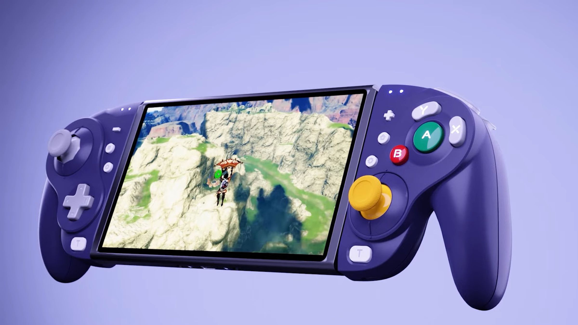 A promotional image of both sides of a NYXI Wizard docked on to a Nintendo Switch playing The Legend of Zelda: Breath of the Wild.