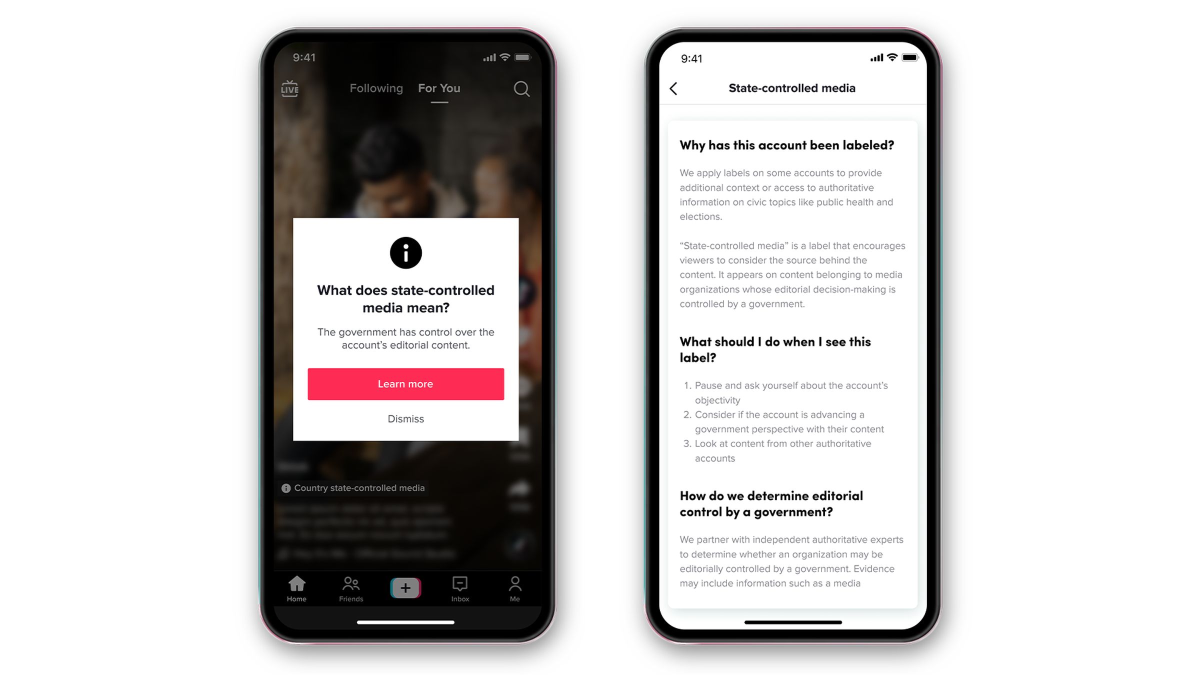 A TikTok app displaying a state-controlled media pop-up with frequently asked questions about the label.