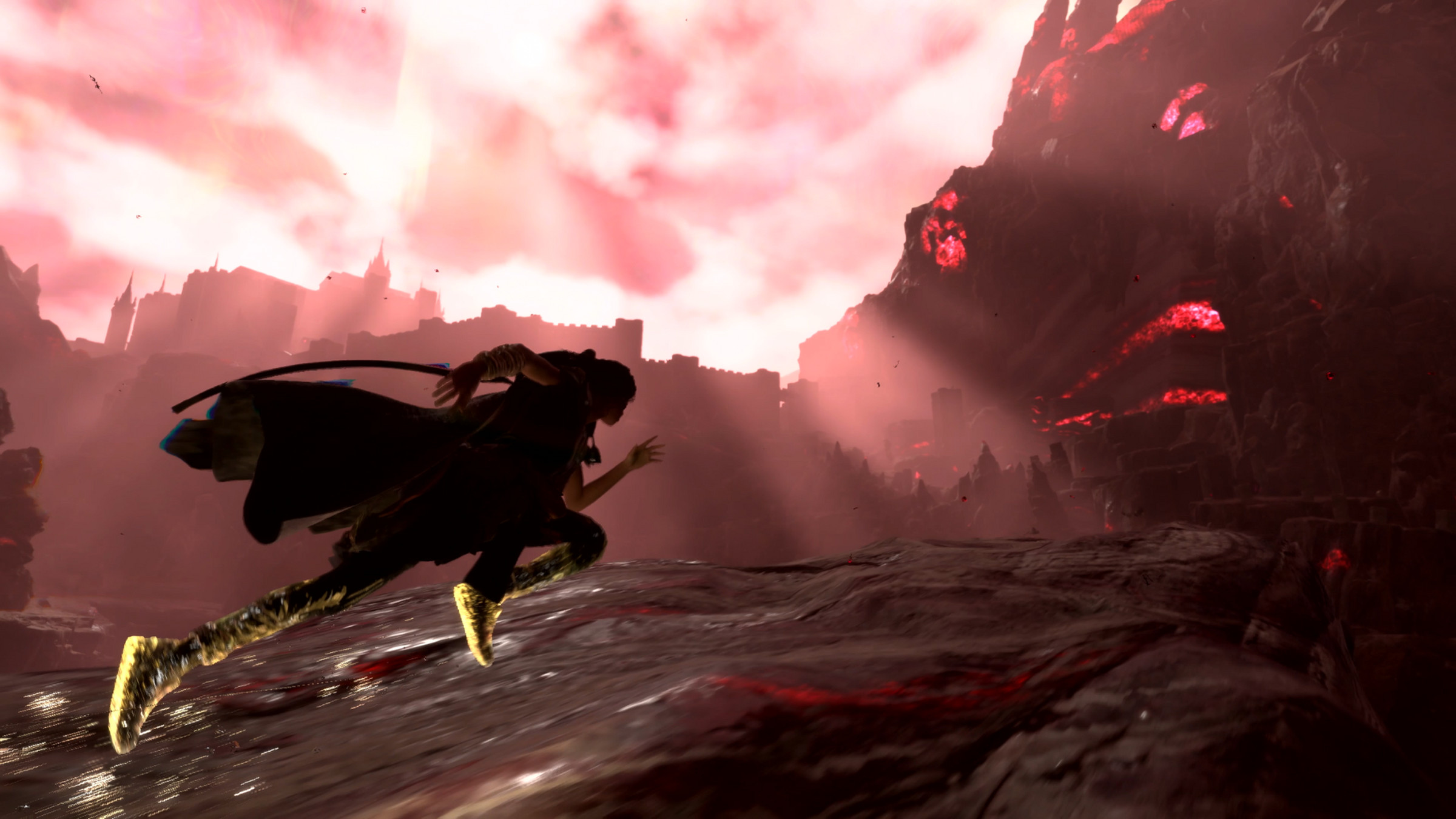Screenshot from Forspoken featuring Frey parkouring up the side of a mountain against a violent red sky