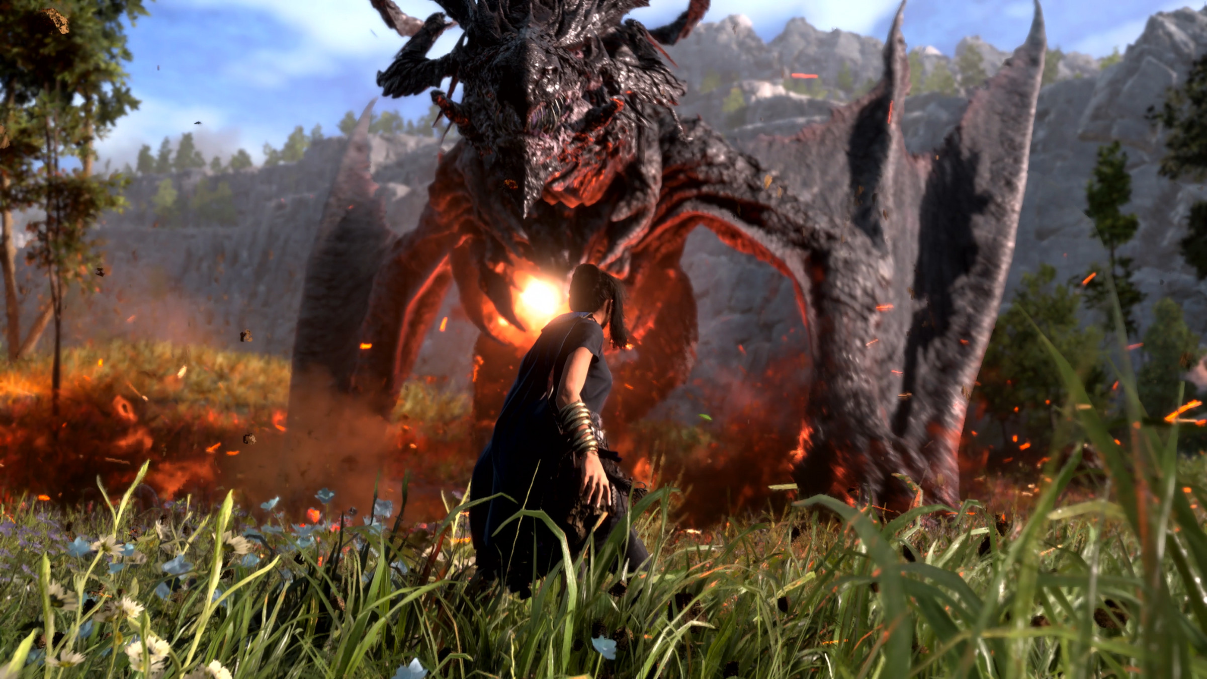 Screenshot from Forspoken featuring Frey facing down a menacing dragon in a grassy field