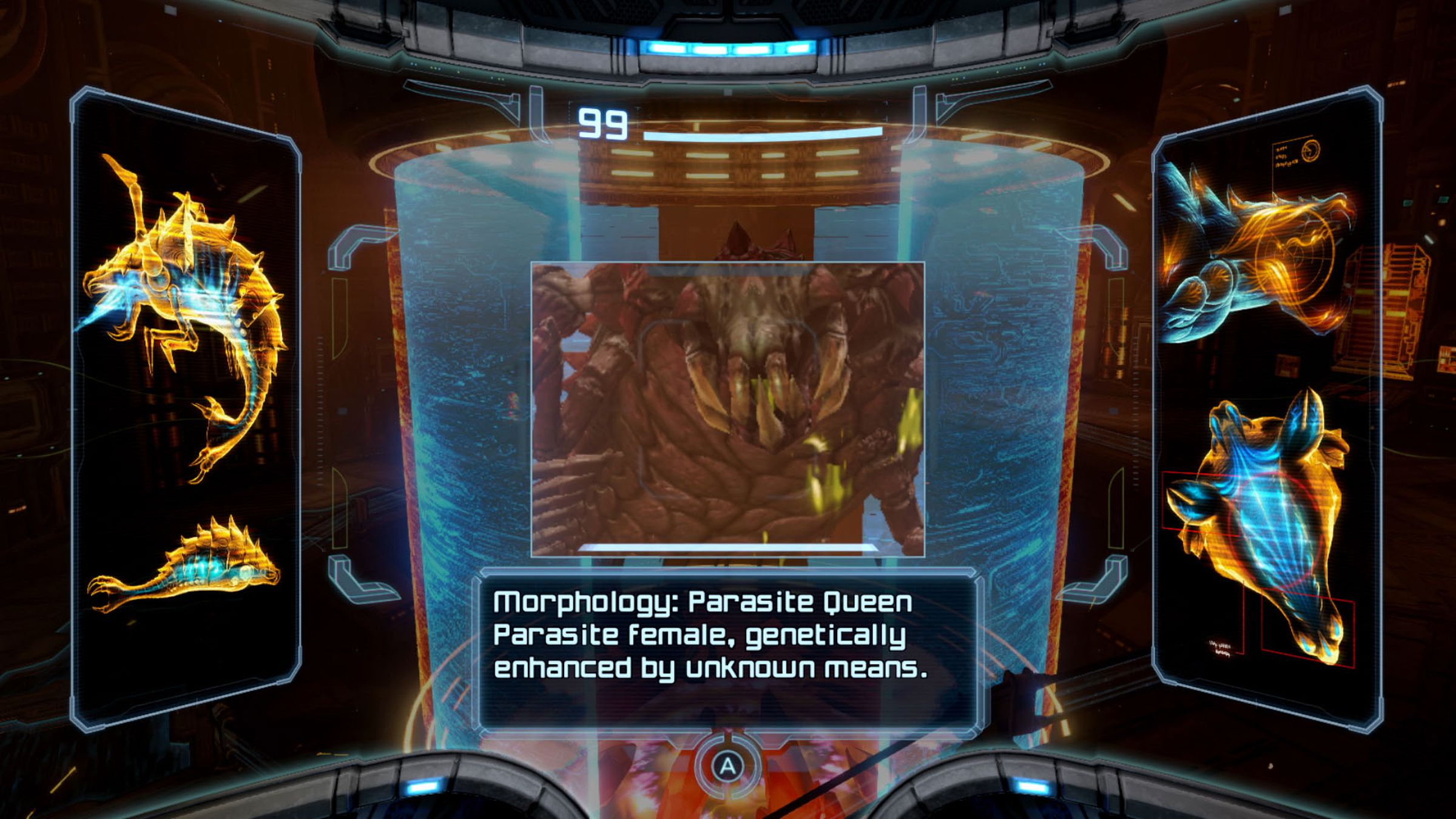 Una captura de pantalla de un escaneo de Parasite Queen en Metroid Prime Remastered.