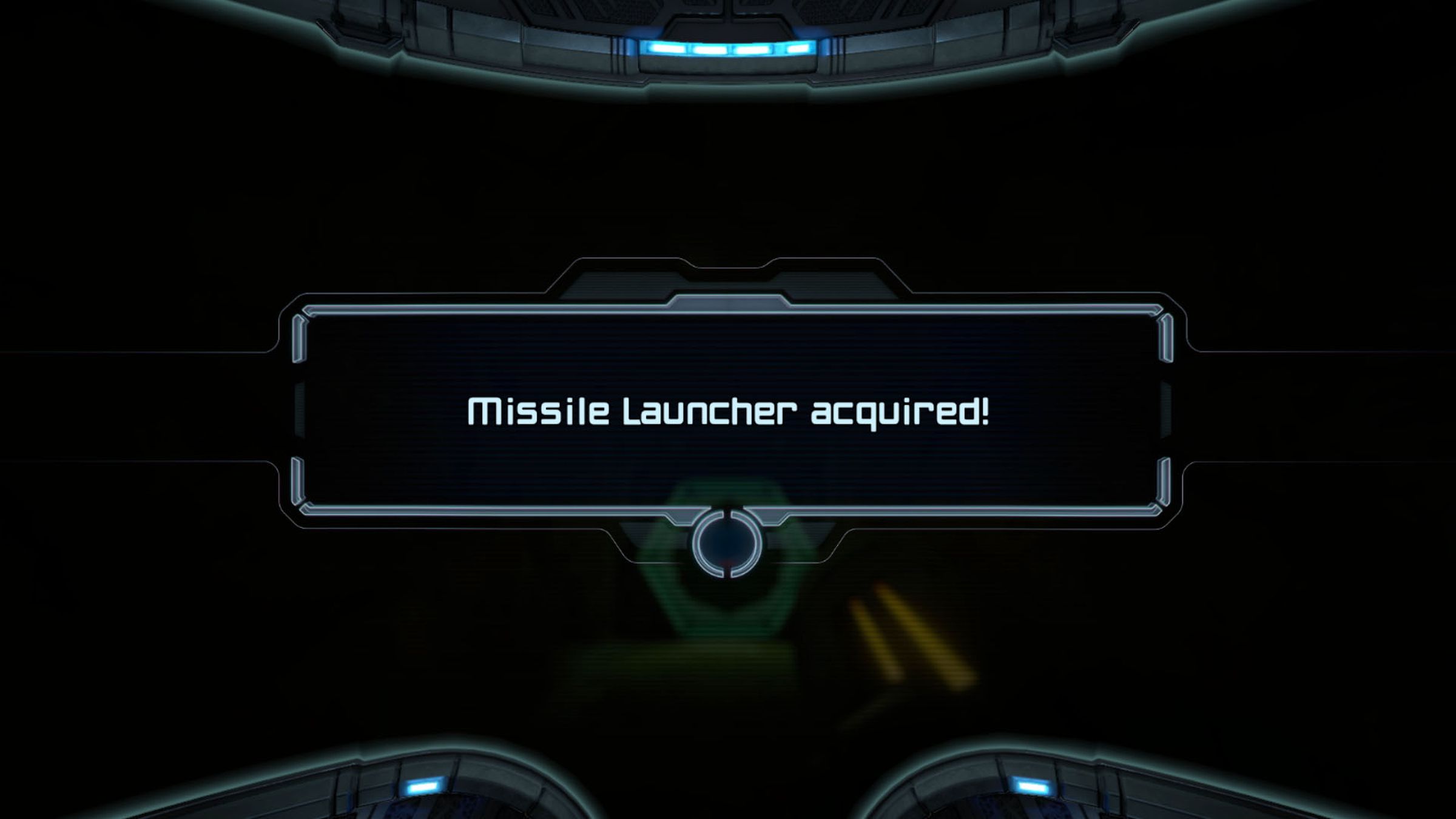 A screenshot from Metroid Prime with a message that reads: Missile Launcher acquired!