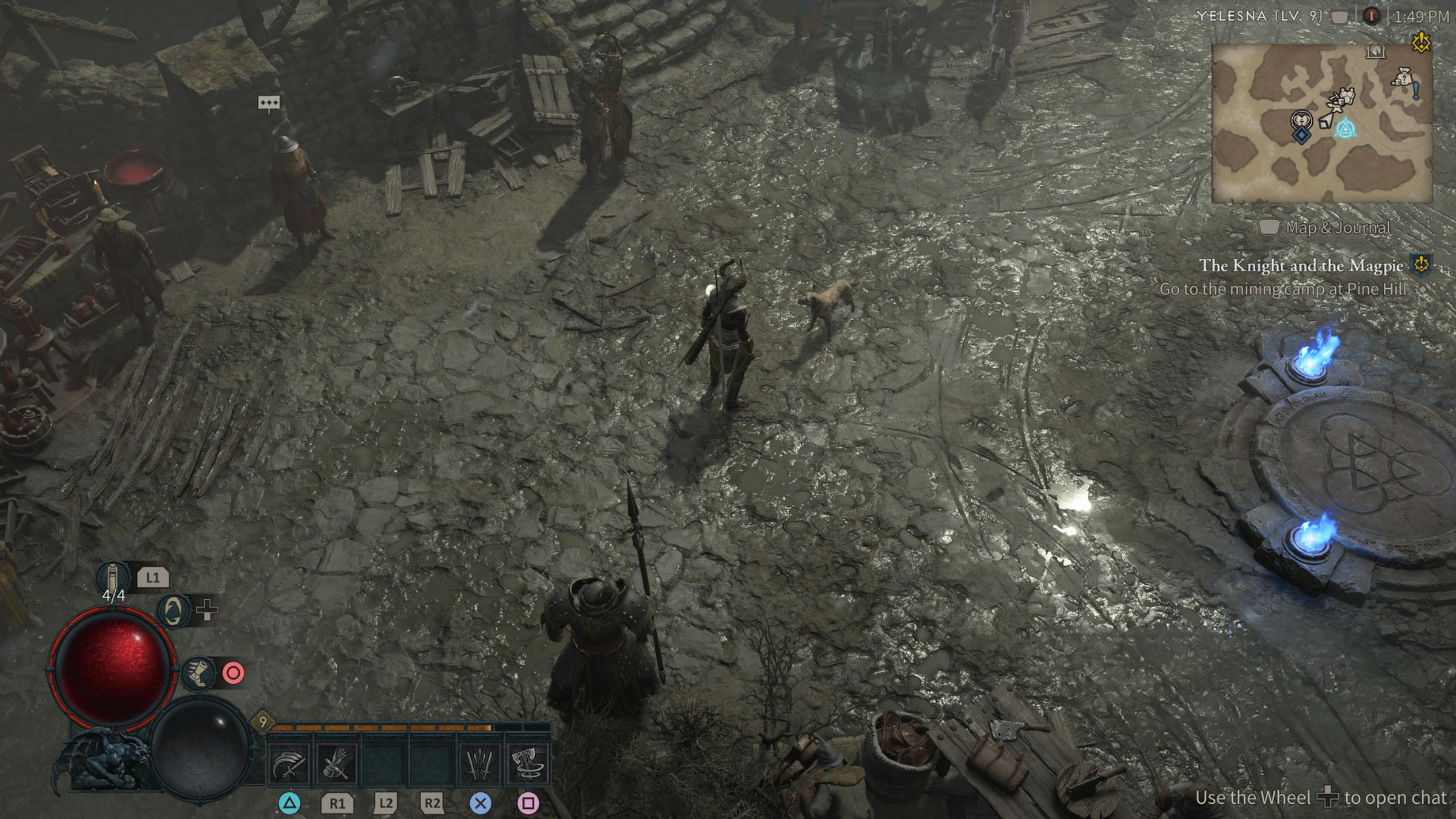 Screenshot from Diablo IV featuring a player character staring at a dog in the city of Yelensa.