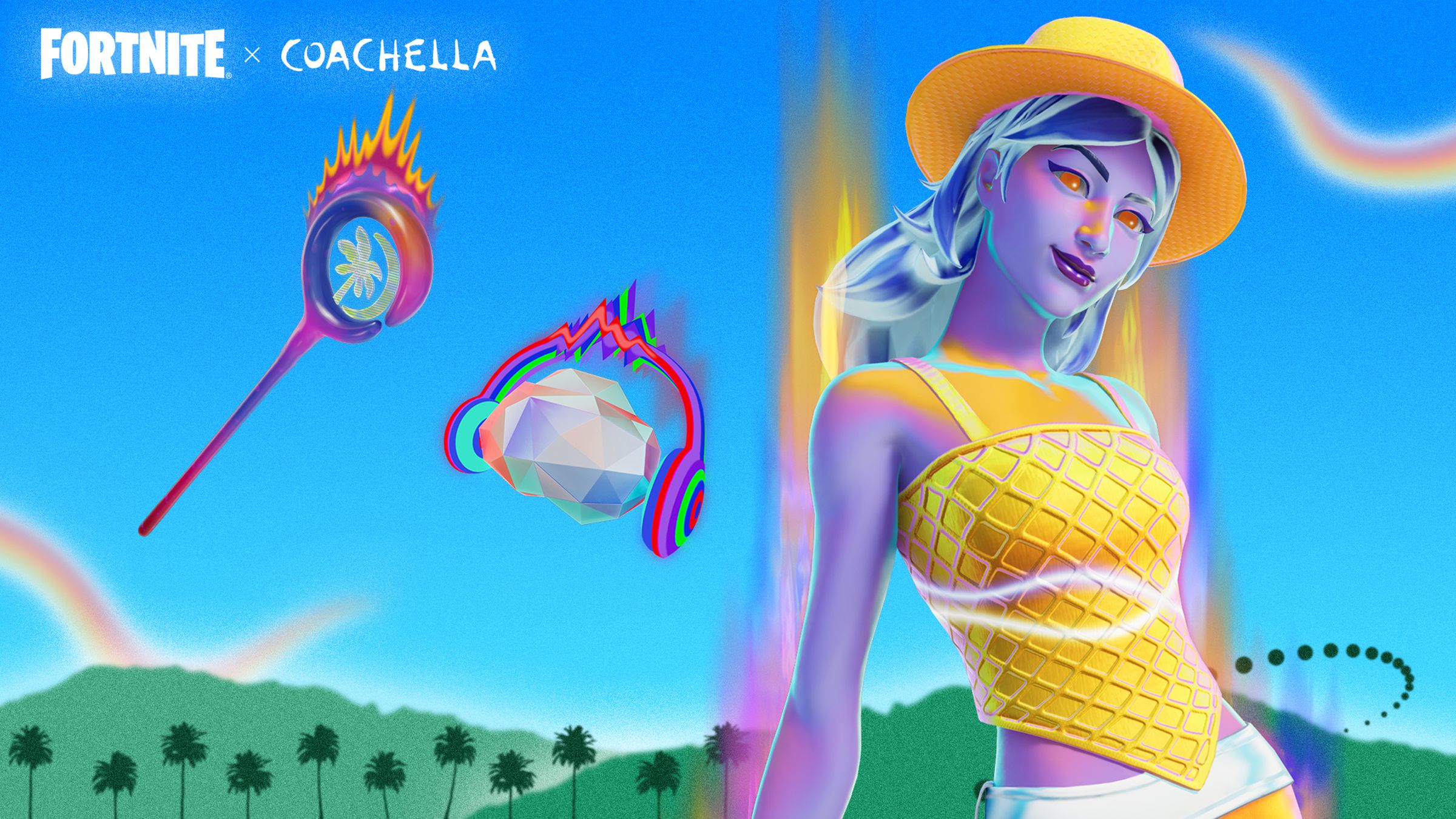 A screenshot of one of the new Coachella-themed character skins coming to Fortnite.