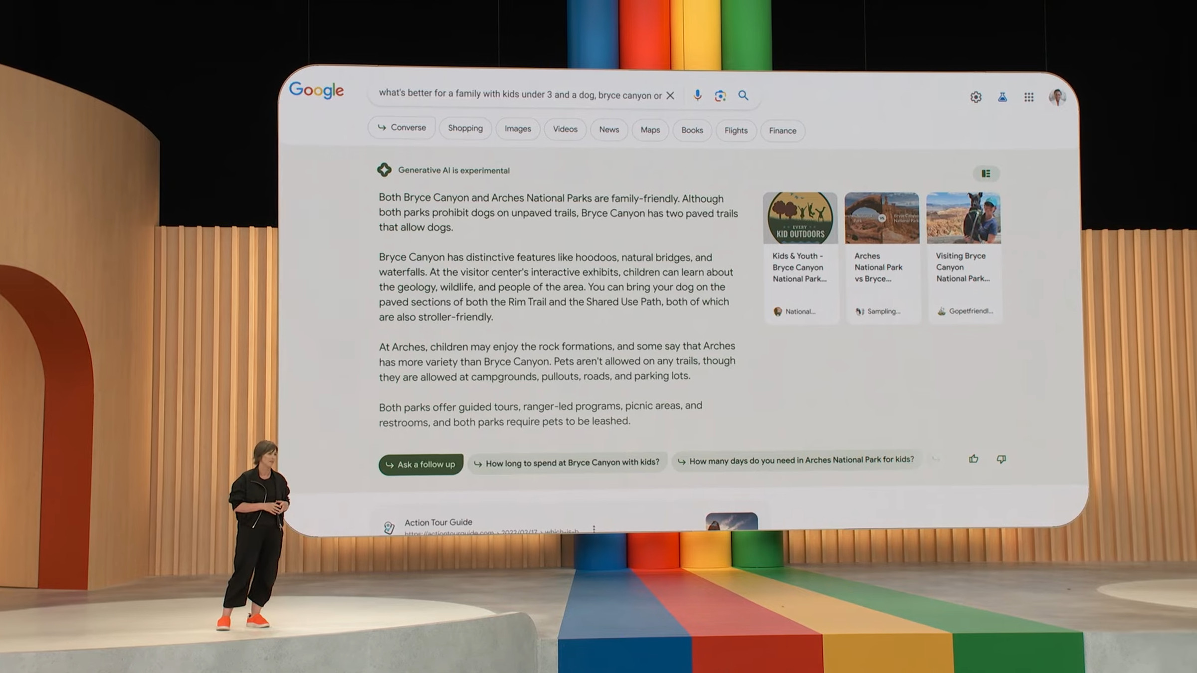 Google’s Cathy Edwards in front of a screenshot of Google’s Search Generative Experience.