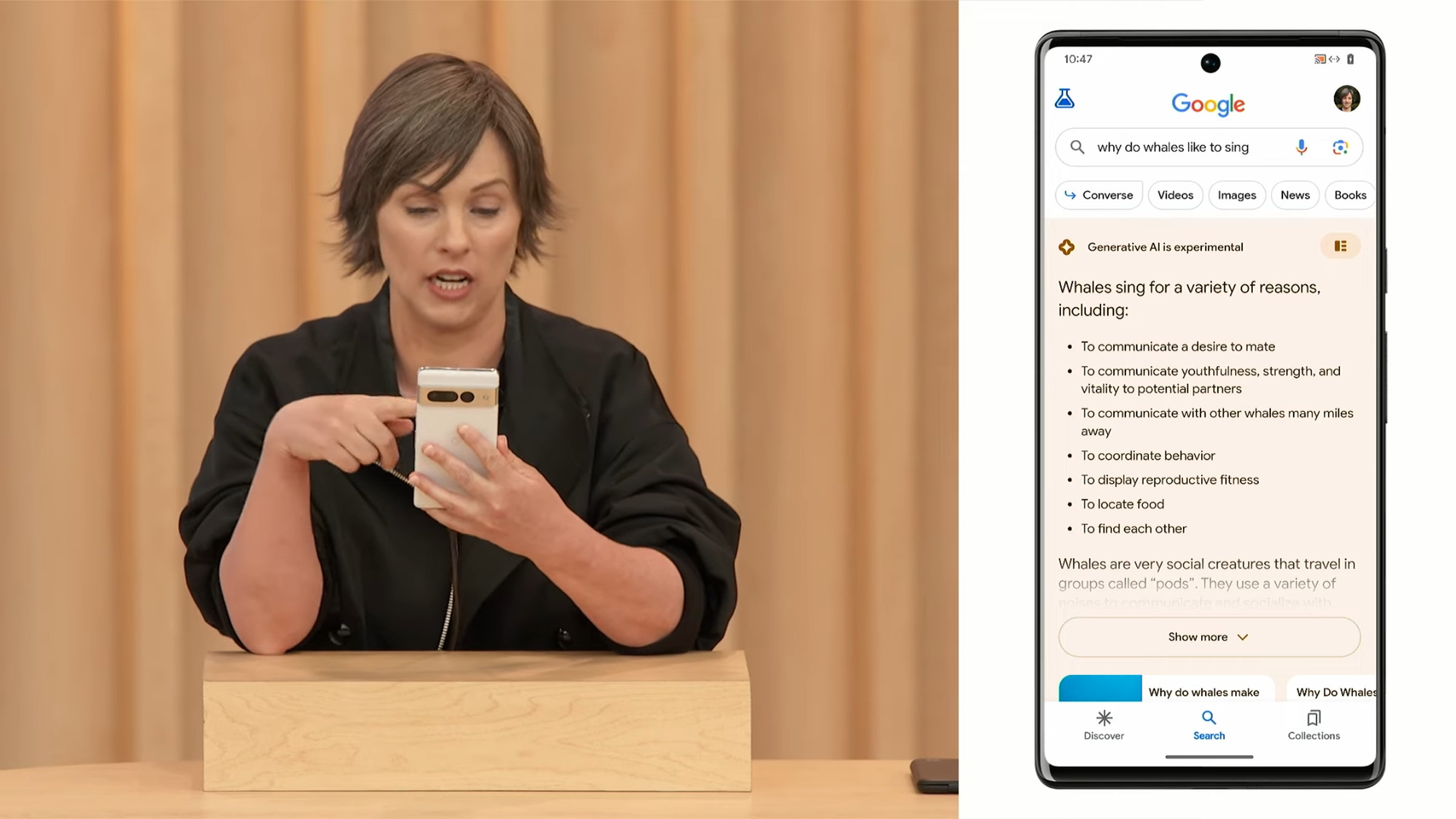 Google’s Cathy Edwards on a Pixel phone demoing the Search Generative Experience.