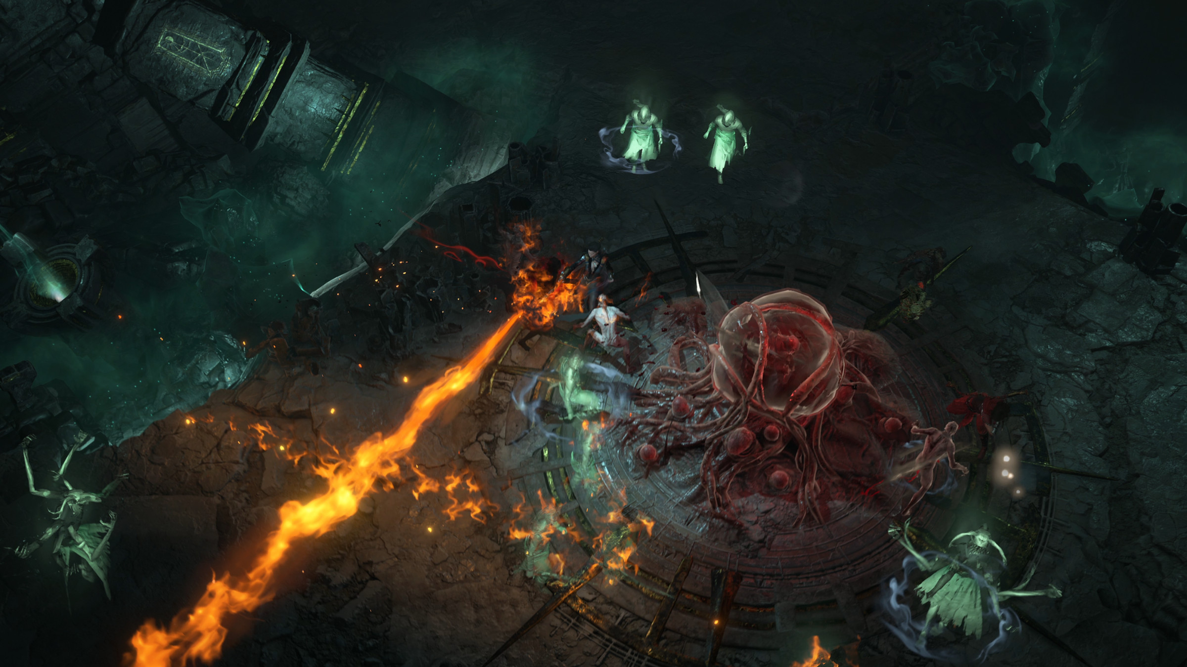 Screenshot from Diablo IV featuring a top-down view of a dark dungeon with a bubbling flesh monster, spectral enemies, and a tongue of fire emanating from a monster.