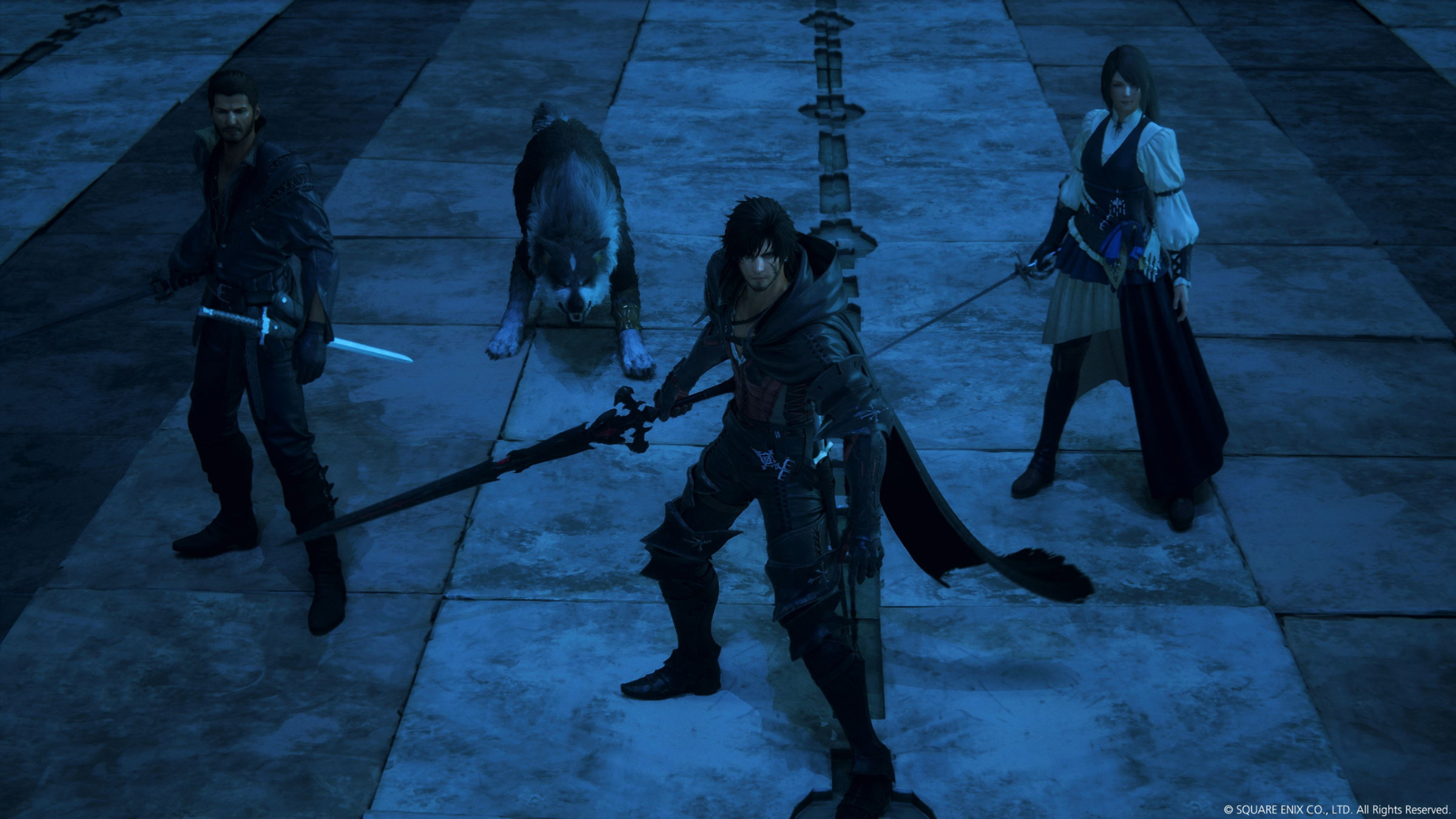 Screenshot from Final Fantasy XVI featuring Cid, Torgal the wolf, Clive, and Jill