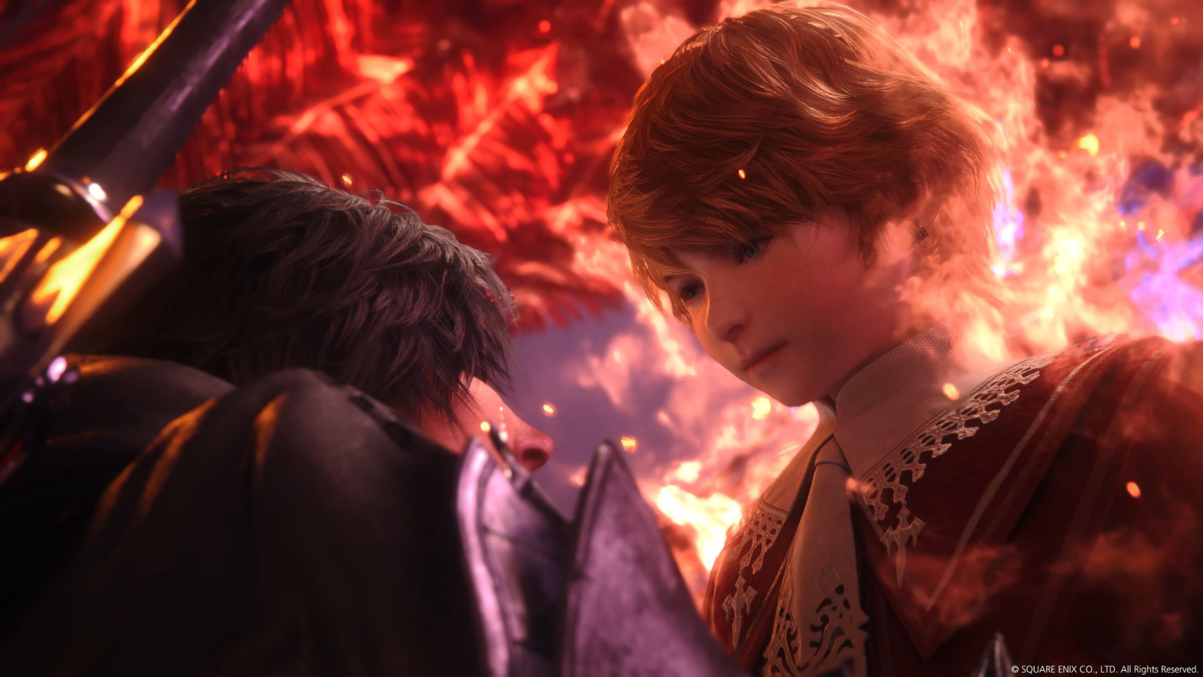 Screenshot from Final Fantasy XVI featuring the brothers Clive and Joshua embracing, wreathed in flames.