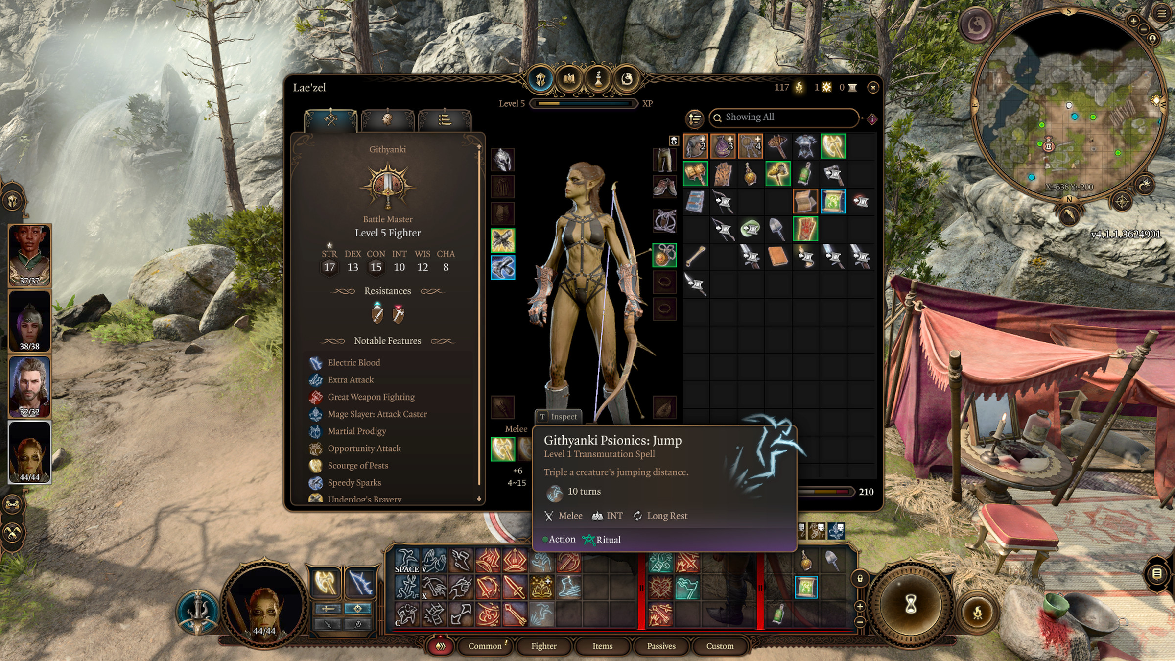 Screenshot from Baldur’s Gate 3 featuring a female githyanki fighter wearing her “underwear” which is a strappy, BDSM inspired one piece body suit.