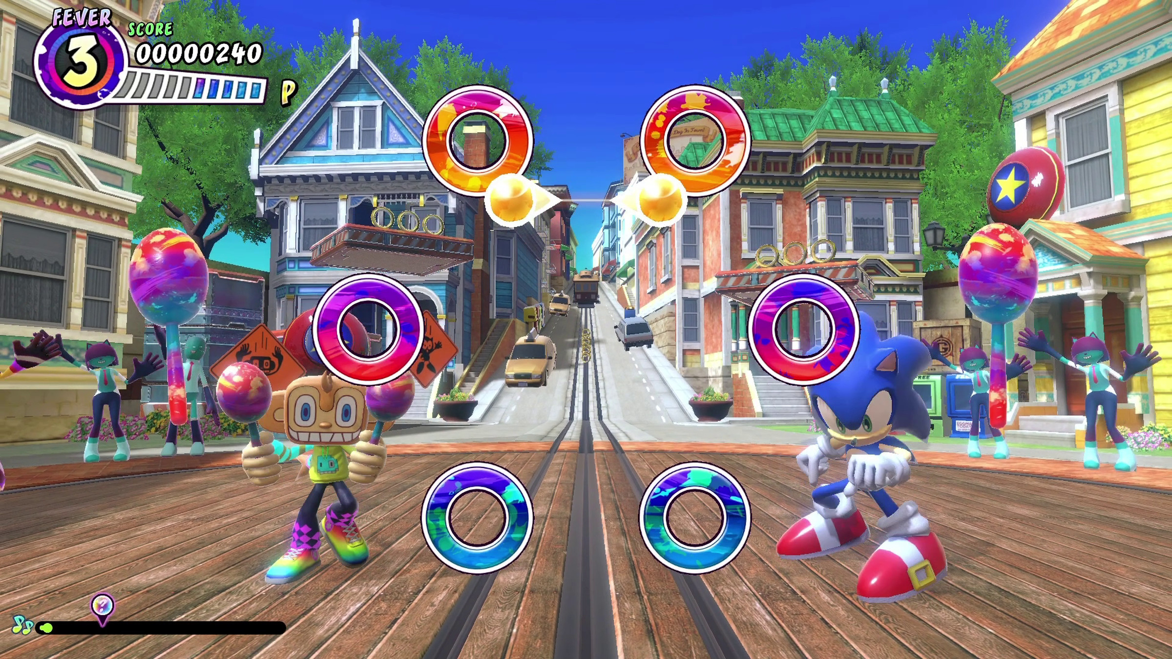 Có rất nhiều Sonic trong trò chơi này, bao gồm các bài hát, trang phục, maracas, hiệu ứng âm thanh và sân khấu nơi bạn nhảy cùng với người hùng màu xanh của Sega.