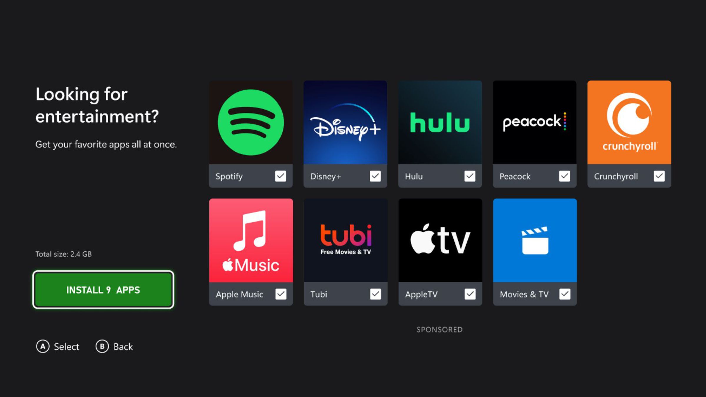 Screenshot from an Xbox console showing the apps that the console will prompt you to download during a new console set up. The apps featured are Spotify, Disney+, Hulu, Peacock, Crunchyroll, Apple Music, Apple TV, and the Xbox Movies &amp; TV app.