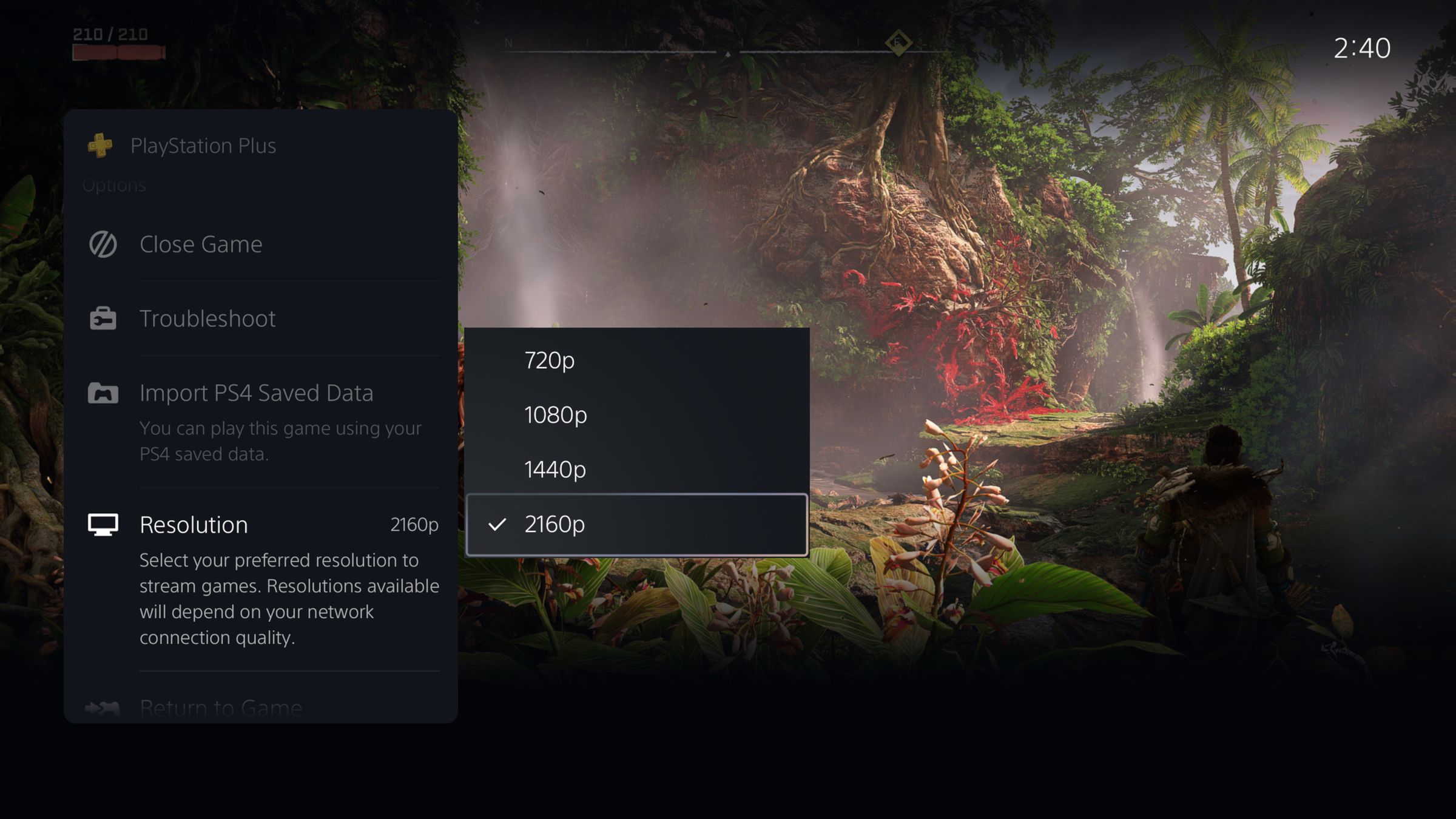 A screenshot showing different streaming resolutions with the PS5’s cloud streaming.