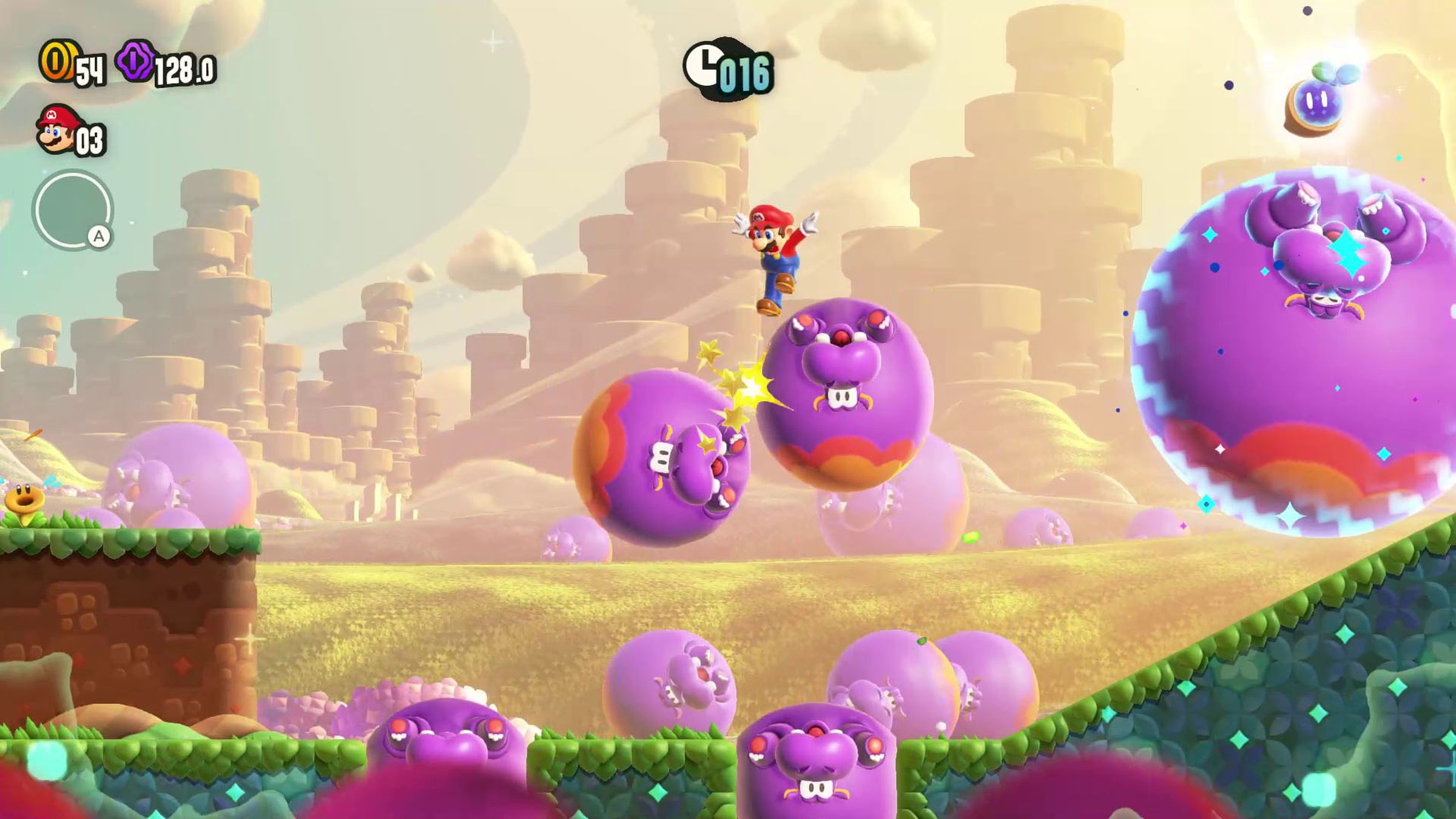 A screenshot from the video game Super Mario Bros. Wonder in which Mario bounces around a group of round purple hippos.