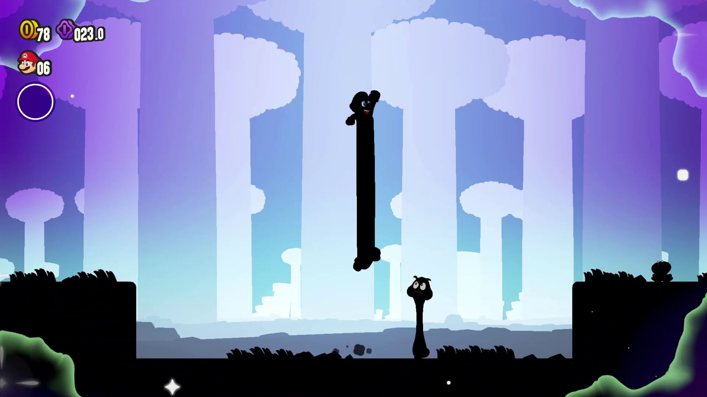 A screenshot from the video game Super Mario Bros. Wonder in which a tall Mario, rendered only in silhouette, jumps towards a tall goomba.