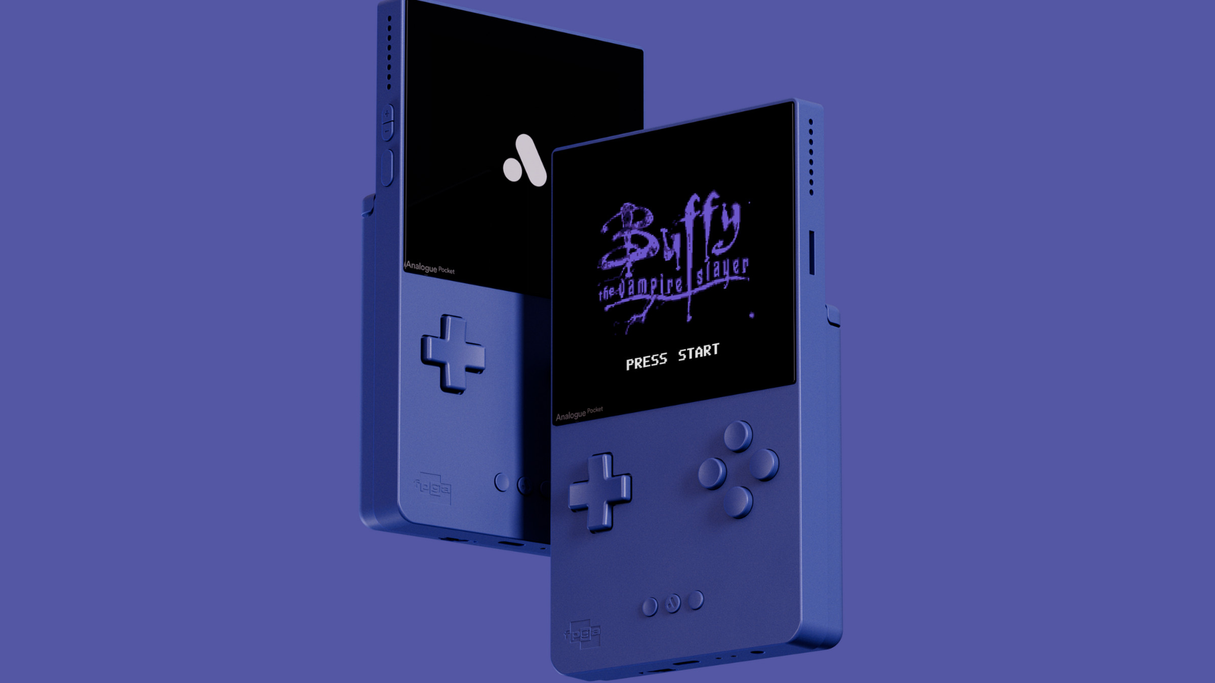 Image of Analogue Pocket’s Classic Limited Edition handheld in the indigo colorway.