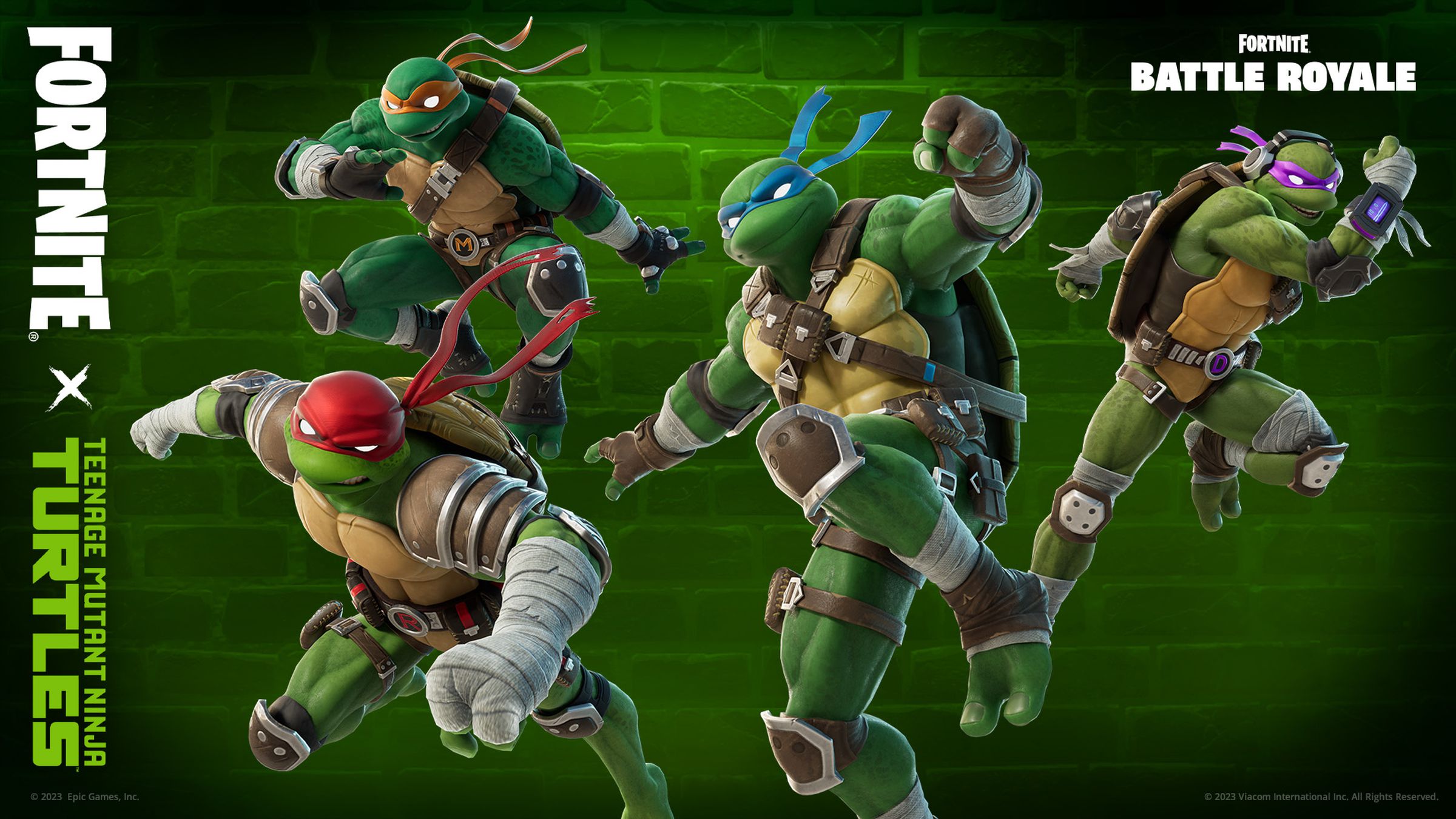 The four TMNT turtles rendered in Fortnite style.