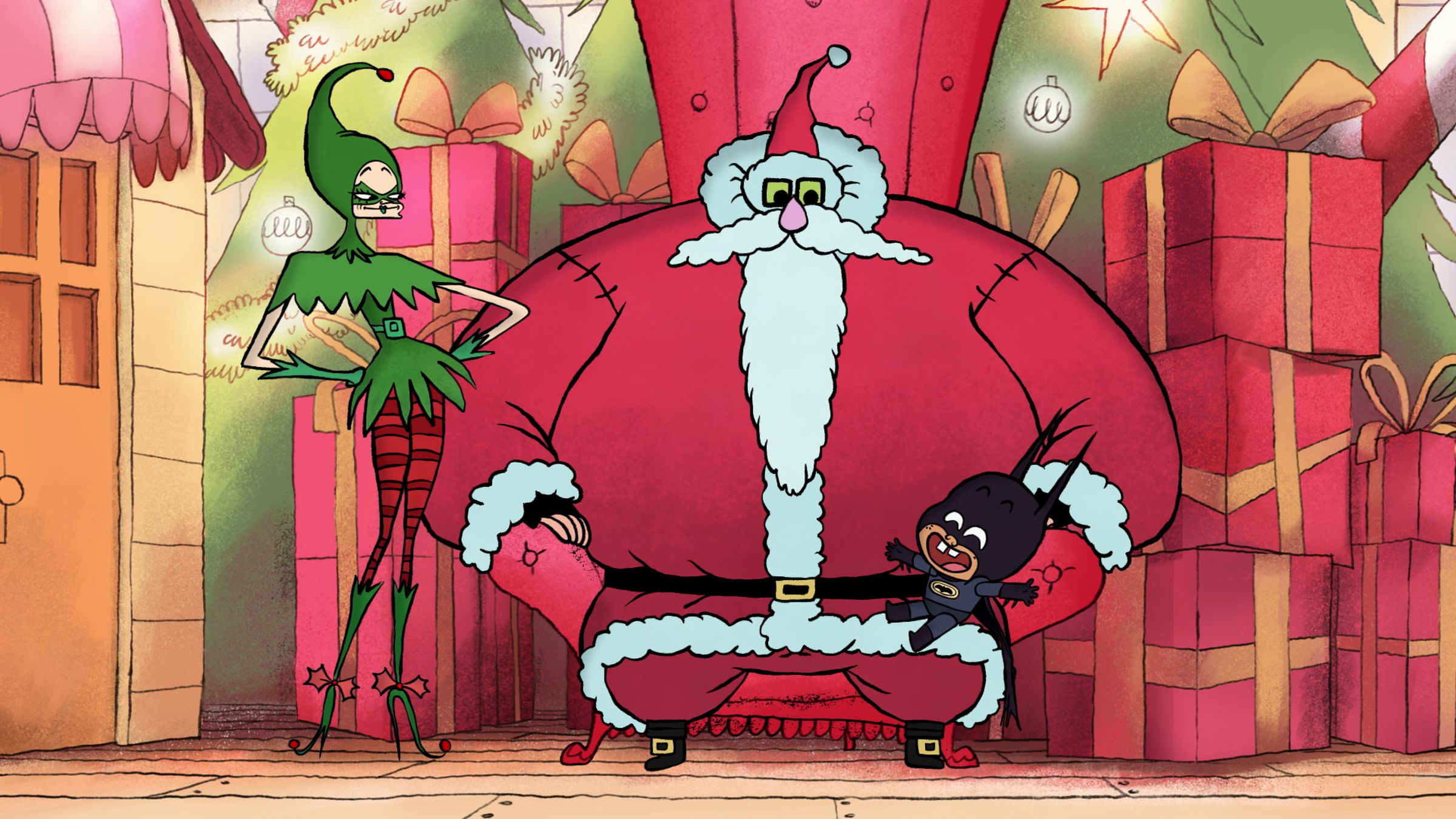 A still image from the animated film Merry Little Batman.