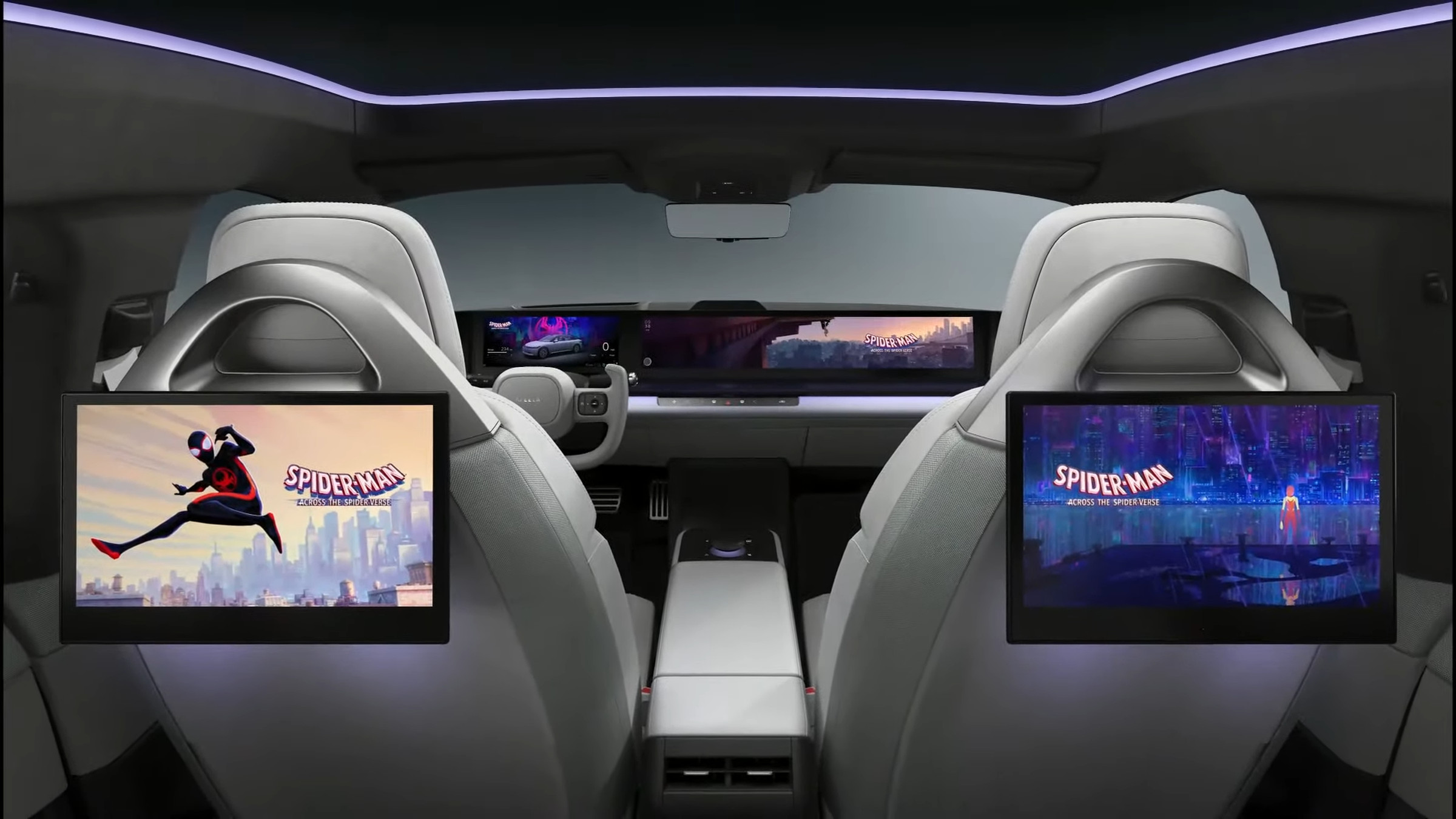 An image of the inside of an Afeela car with Across the Spider-Verse themes on the screens.