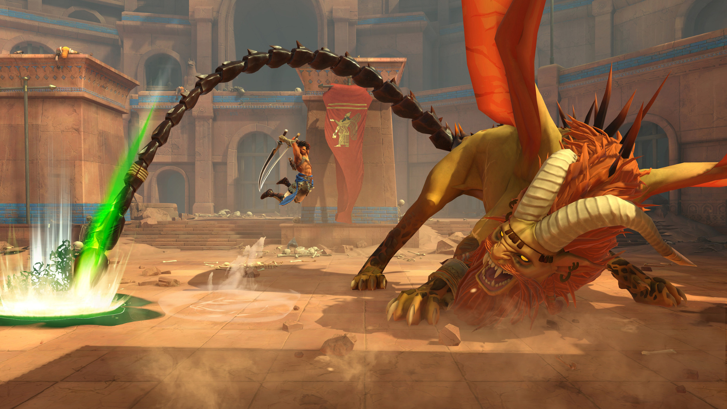 screenshot from Prince of Persia: The Lost Crown featuring the main character Sargon attacking a large manticore enemy from the air in a large coliseum arena.