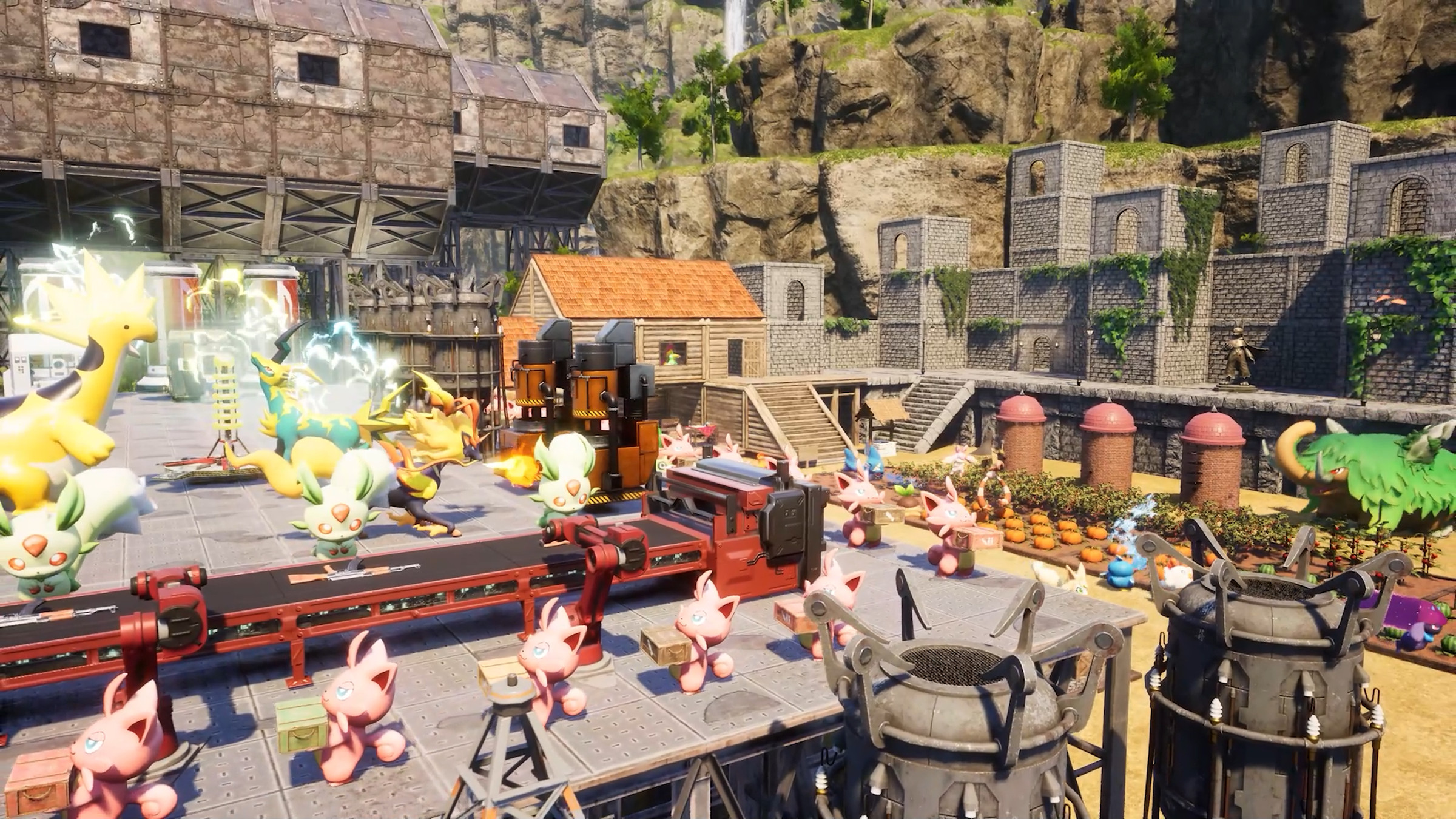 Screenshot from Palworld featuring an open air factory filled with pals assembling various tools and weapons