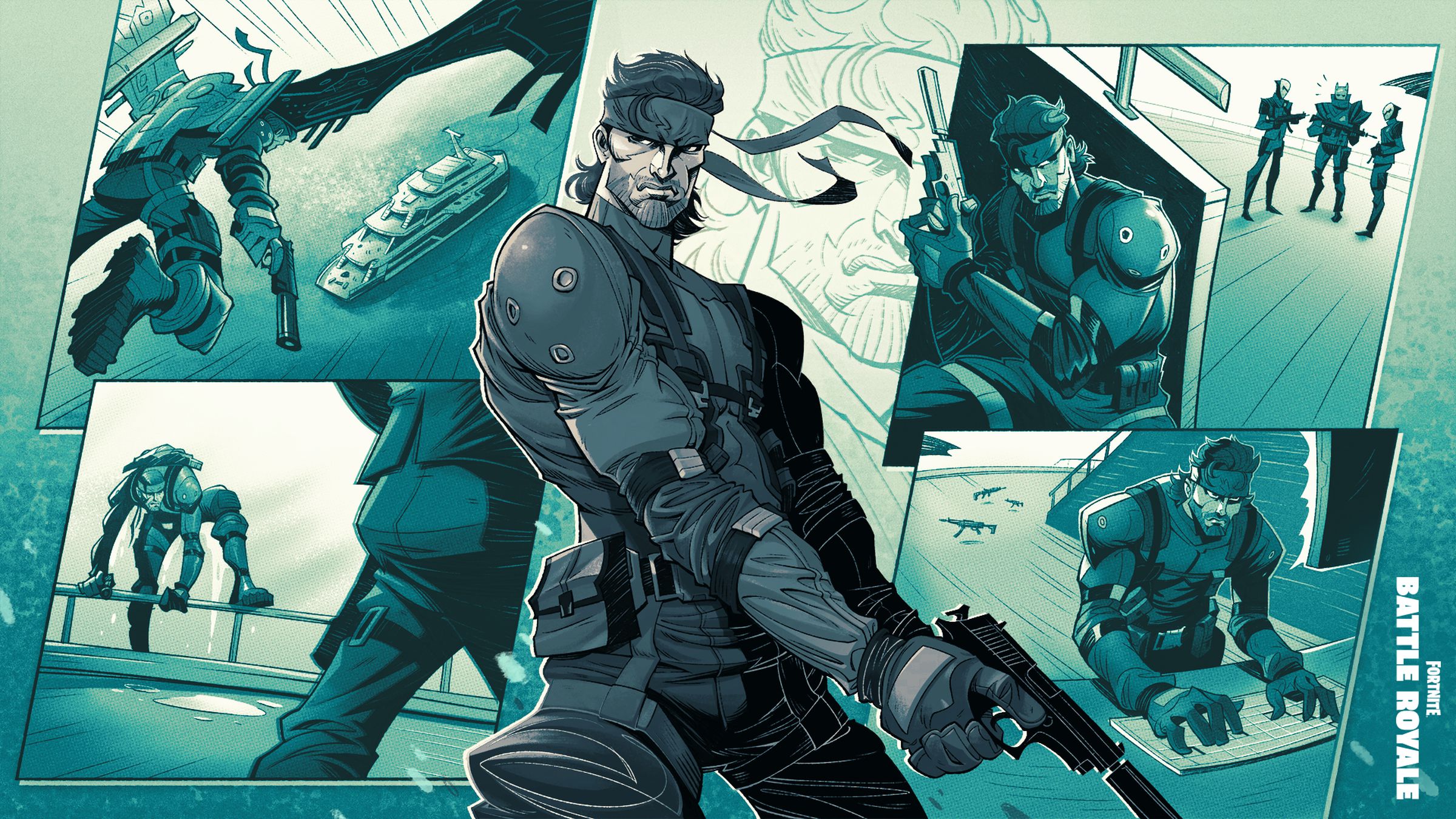 A comic book-style Fortnite loading screen featuring Solid Snake from Metal Gear Solid.