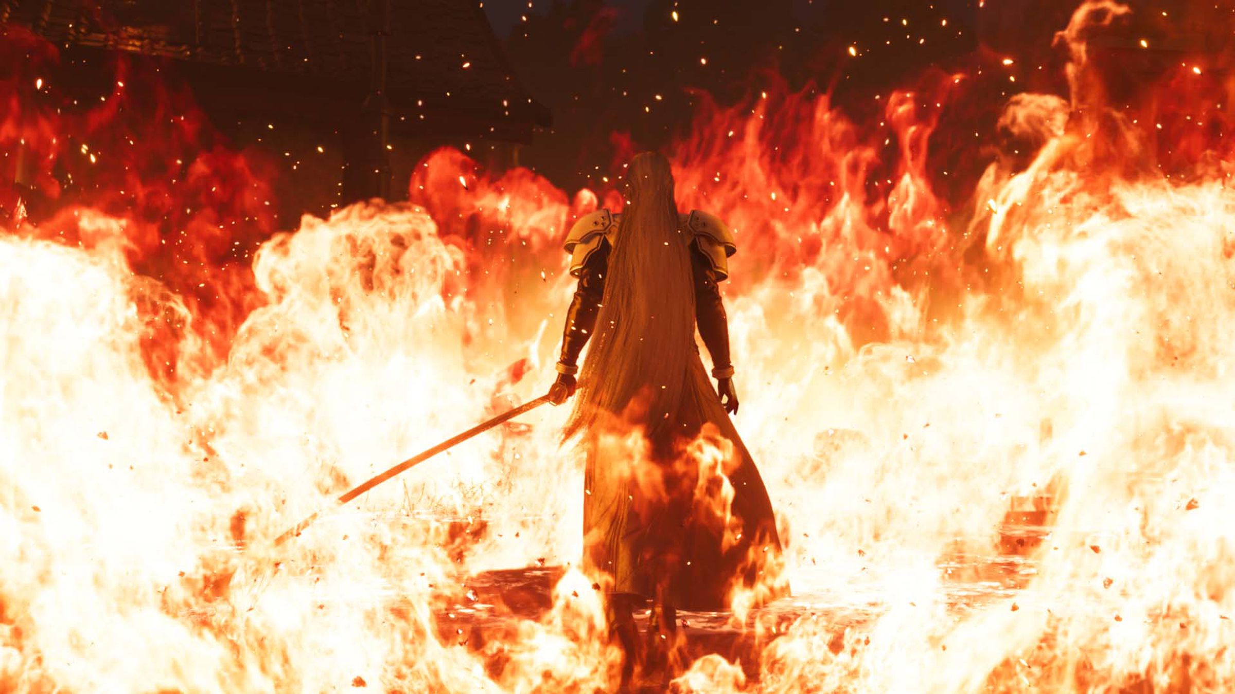 A screenshot of Sephiroth surrounded by flames in Final Fantasy VII Rebirth.