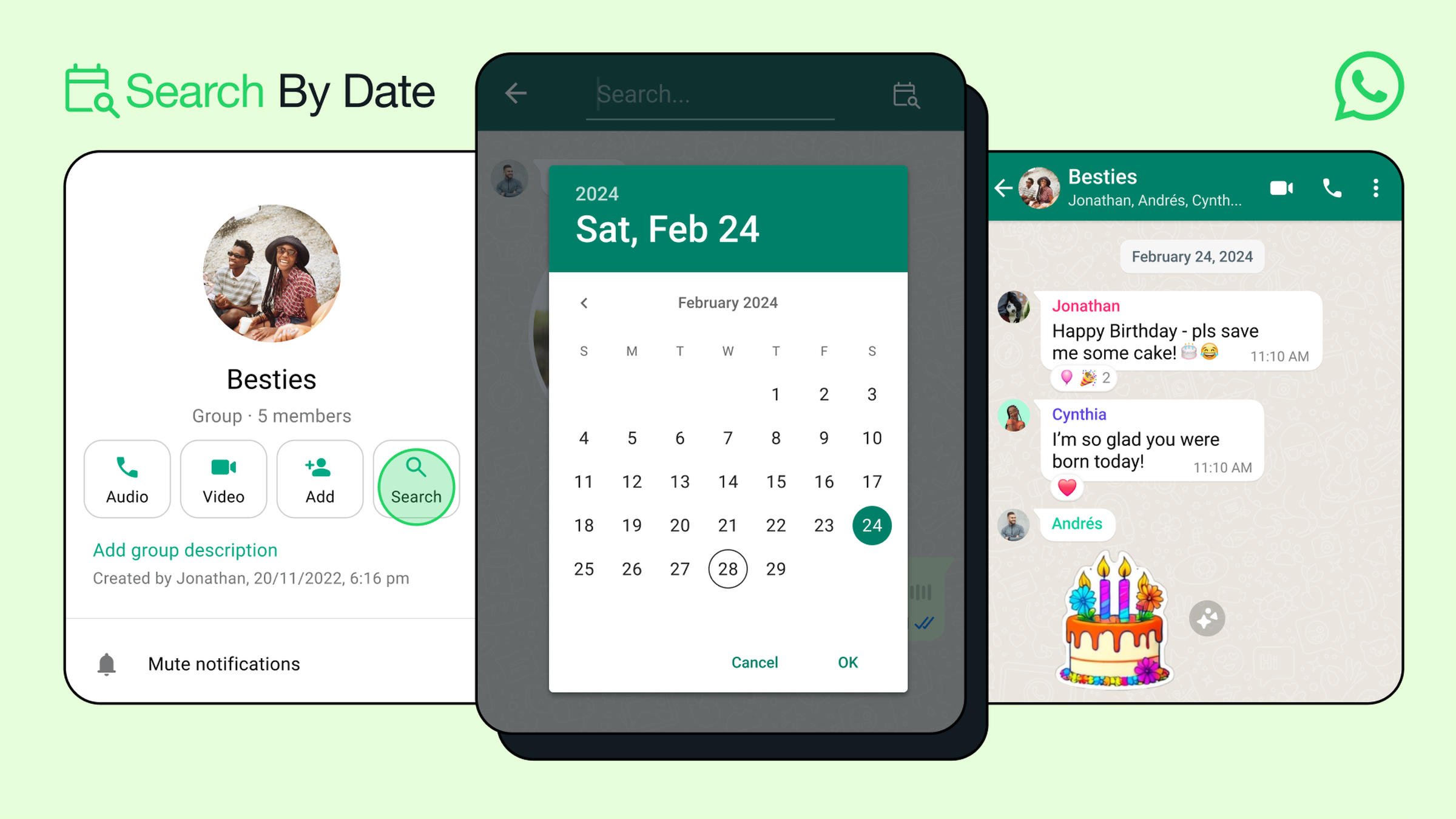 A screenshot of the new “search by date” function on WhatsApp. 