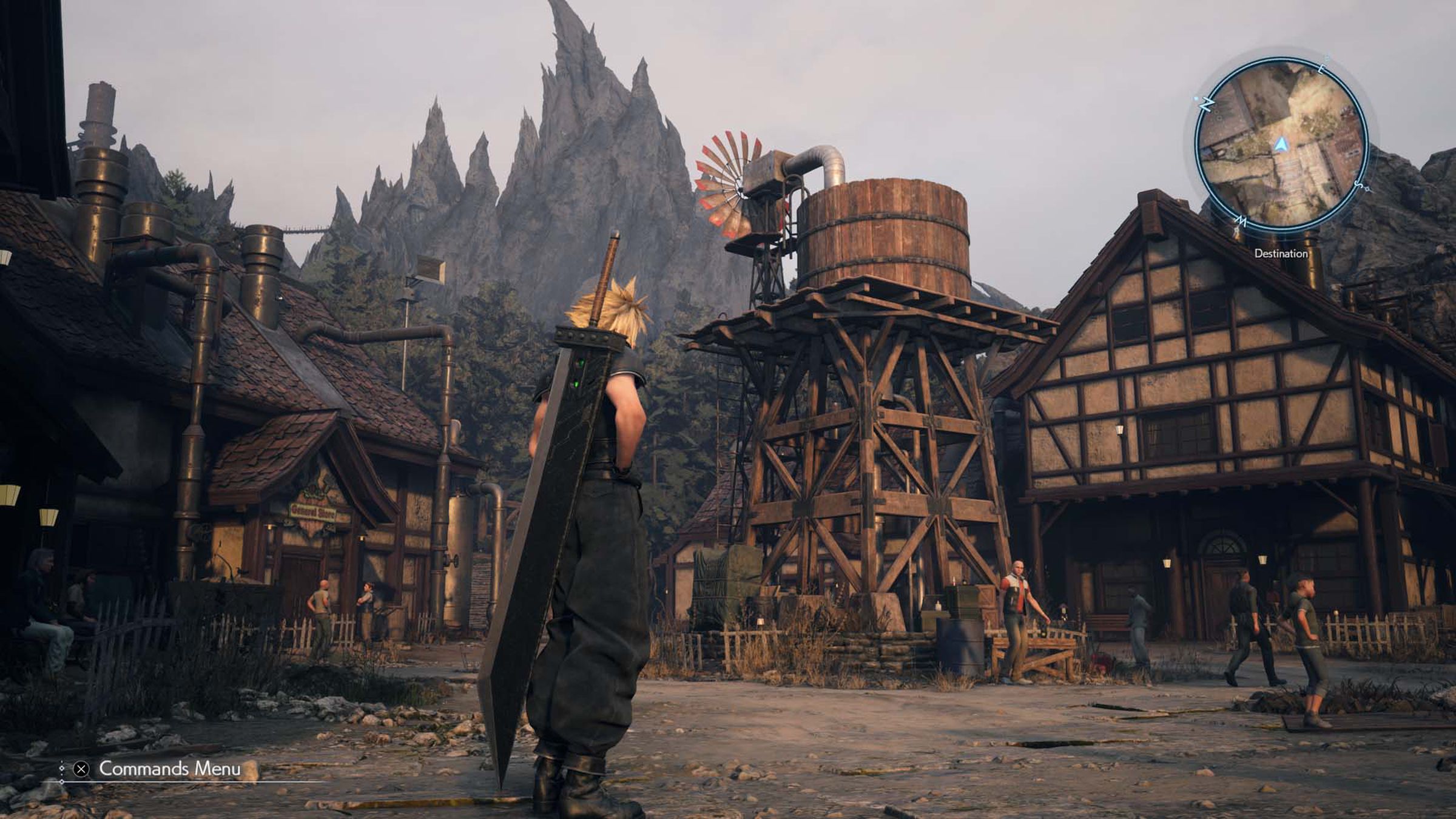 Screenshot from Final Fantasy VII Rebirth featuring Cloud standing in Nibelheim in the town square facing a large wooden water tower.
