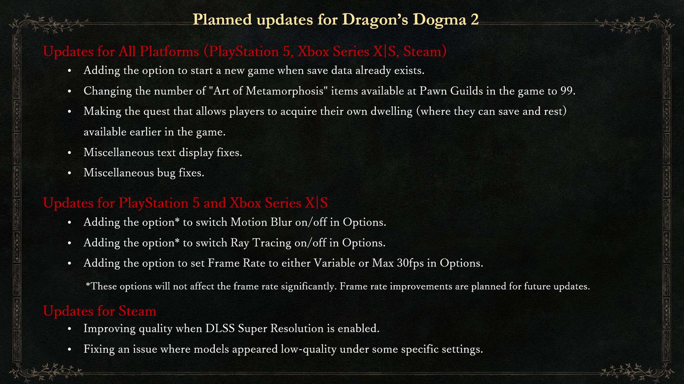 An image showing planned updates for Dragon’s Dogma 2.