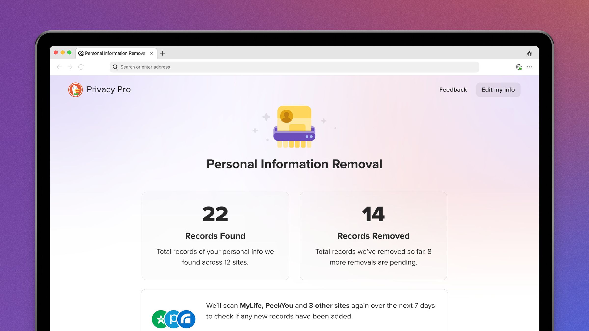 PrivacyPro’s personal information removal feature on the DuckDuckGo browser.