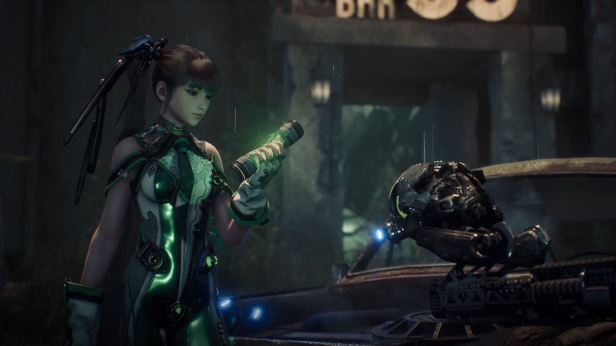 Screenshot from Stellar Blade featuring Eve holding a small green device called a hyper cell.