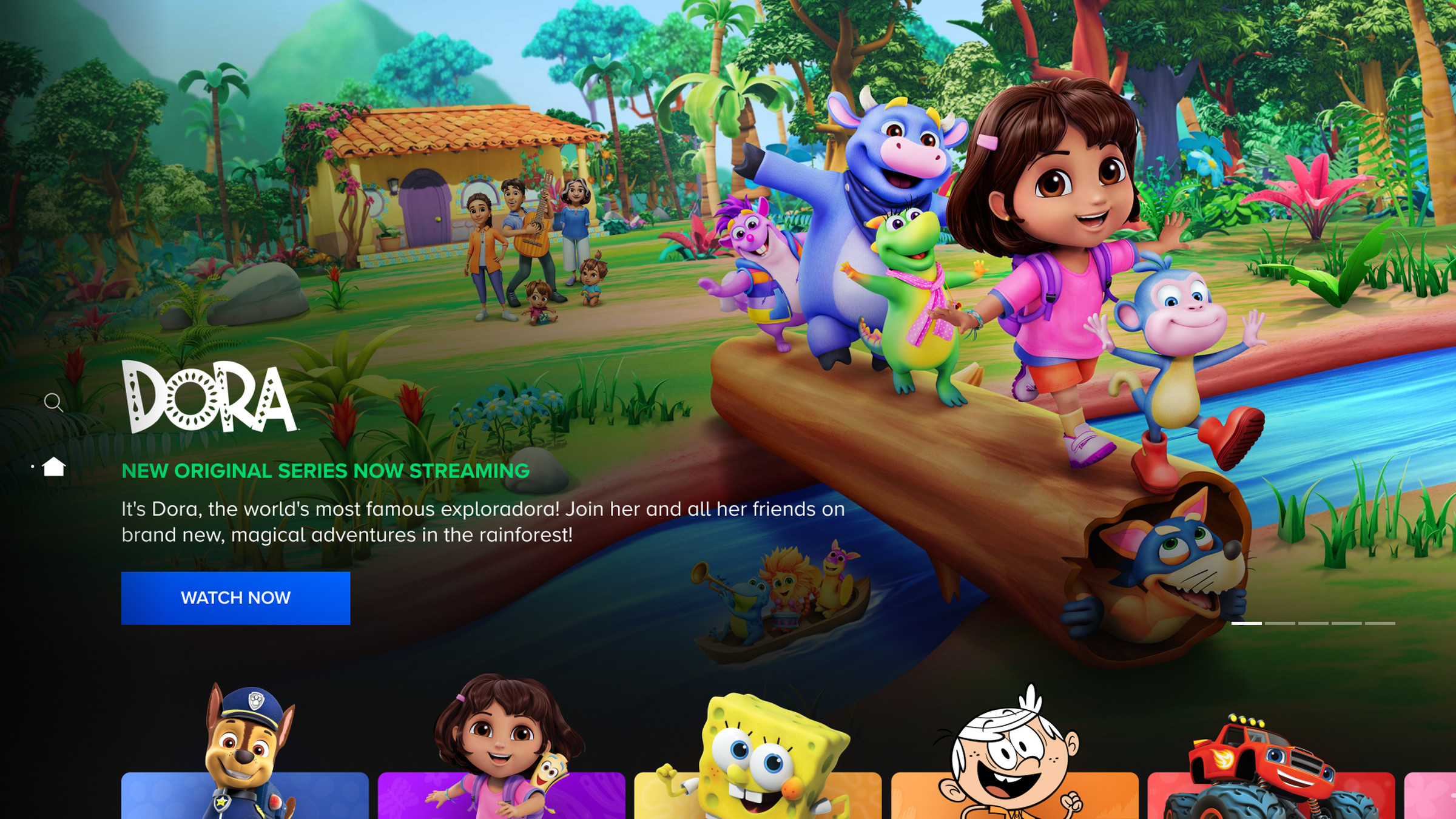 An image of a streaming service carousel with a very prominent image of Dora the Explorer.