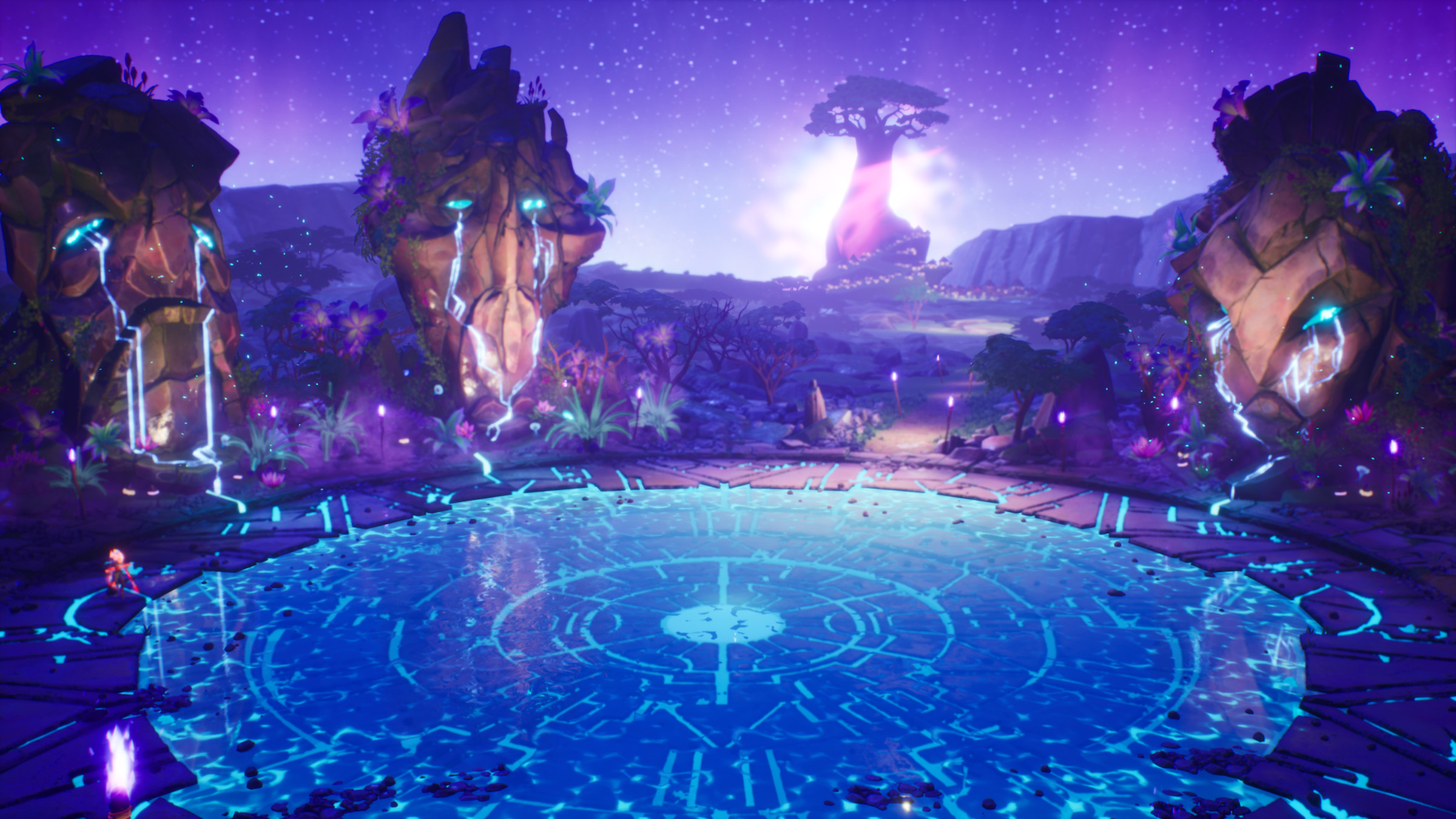 Screenshot from Tales of Kenzera: Zau featuring three large statues each representing one of three magical spirits that are crying tears that have filled a small wading pool.