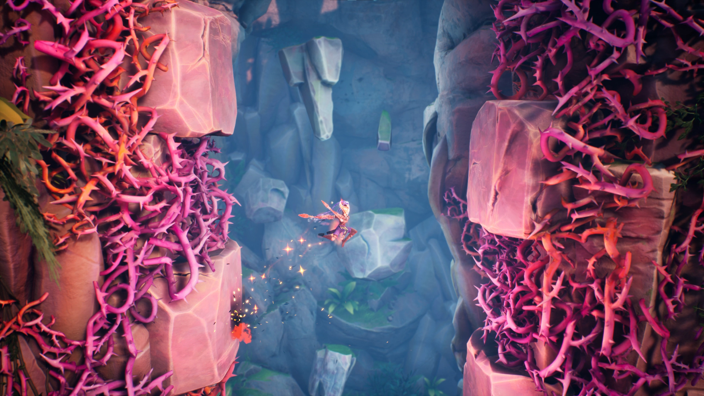 Screenshot from Tales of Kenzera: Zau featuring a platforming section consisting of rock surfaces interspersed between dangerous thorns.