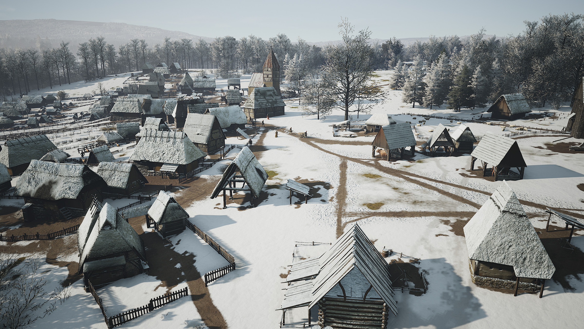 Screenshot from Manor Lords featuring a medieval town with steep sloped roofs covered in snow.