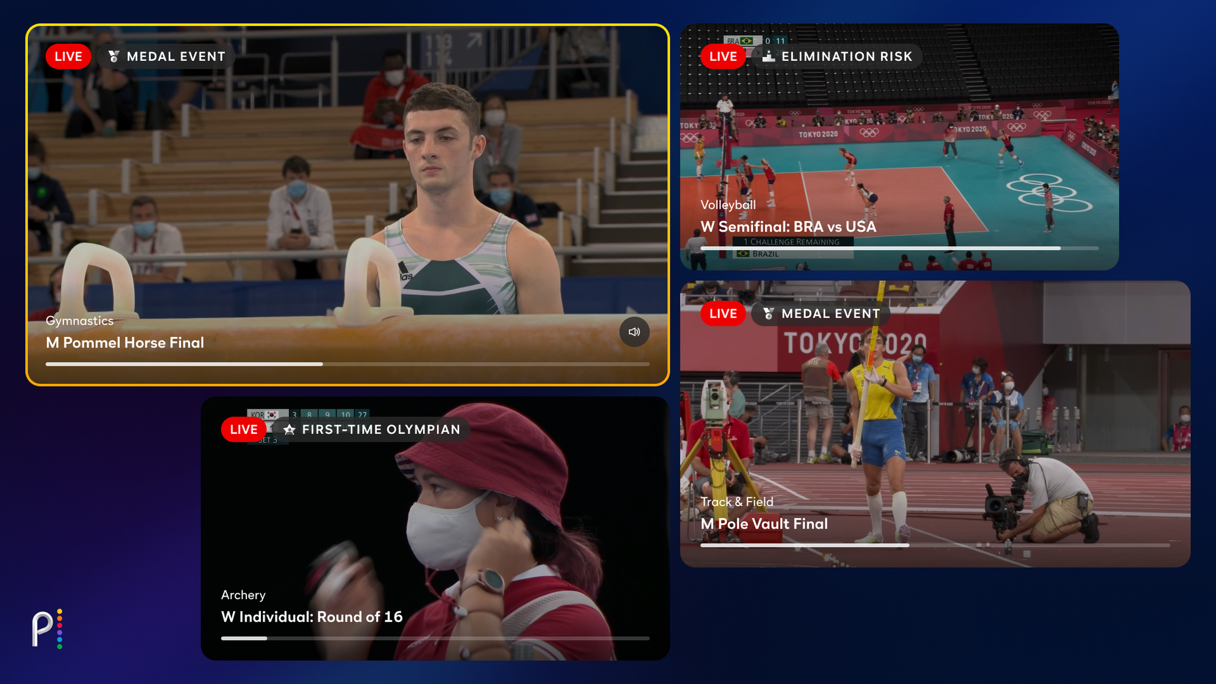 A screenshot showing Peacock’s Olympics multiview.