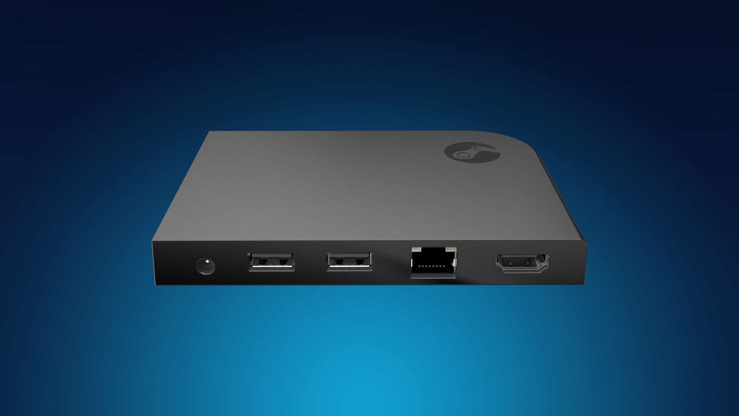 A Steam Link on a blue backdrop.