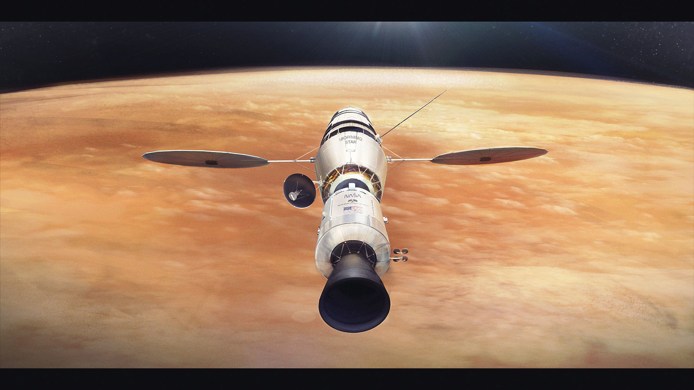 Morning Star spacecraft, derived from Apollo and Skylab program, is approaching Venus on a manned flyby mission.